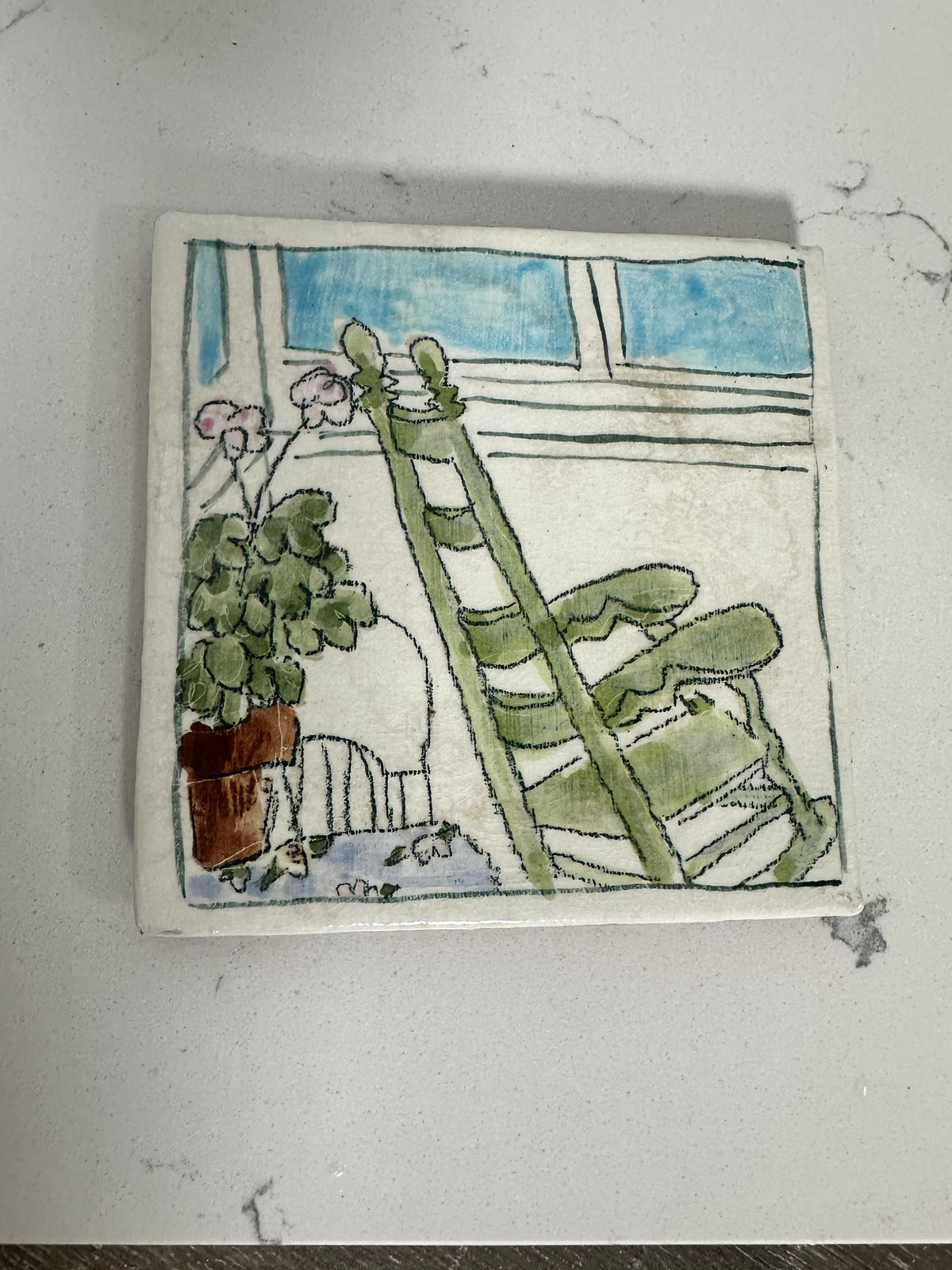 Hand-Painted Ceramic Art Tile with Window and Potted Plants
