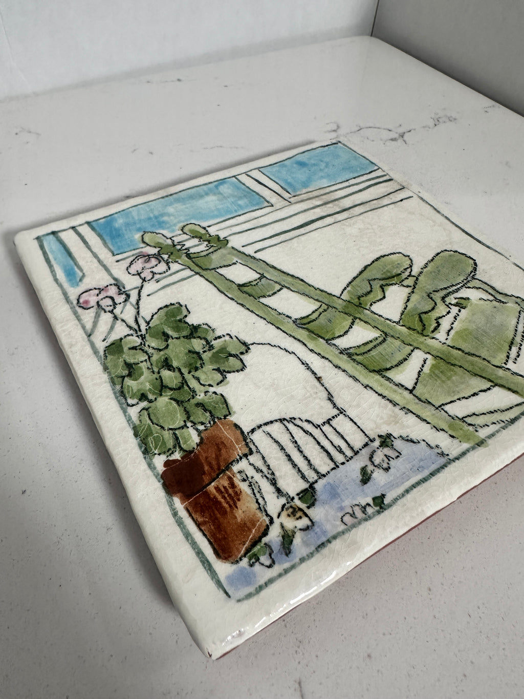 Hand-Painted Ceramic Art Tile with Window and Potted Plants