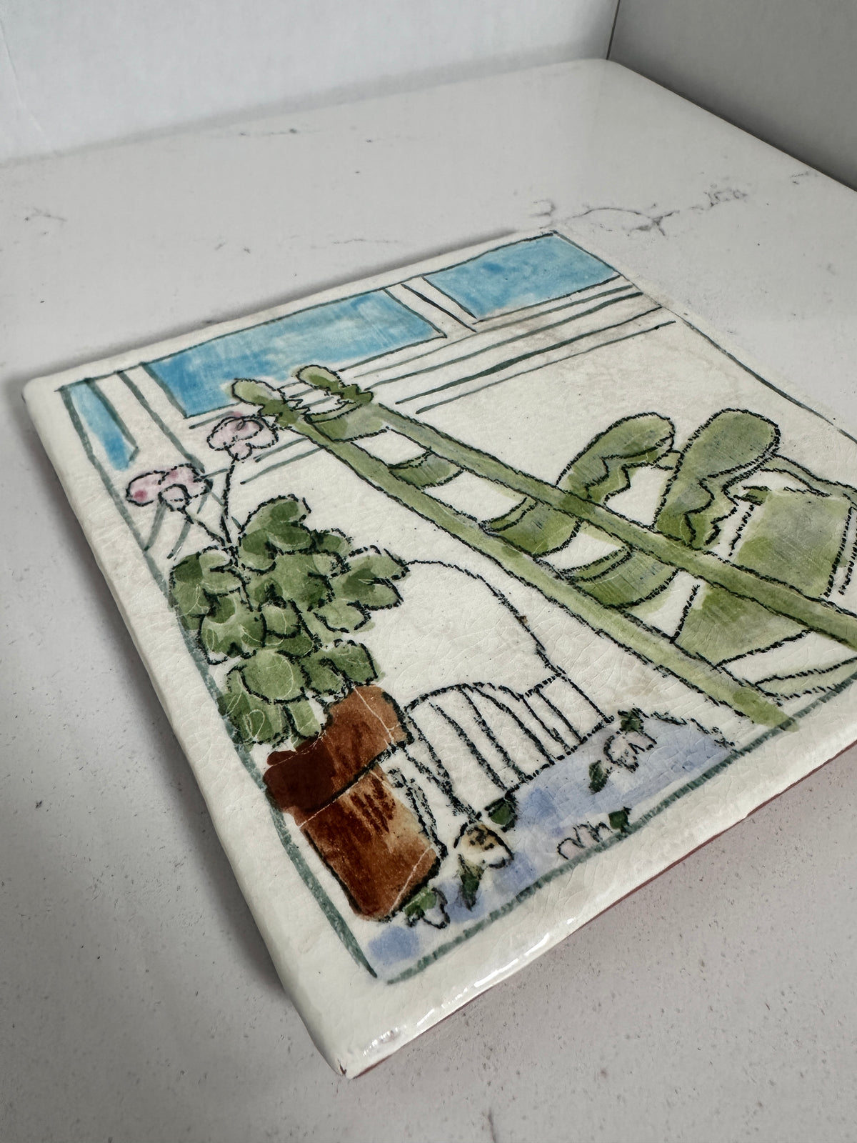 Hand-Painted Ceramic Art Tile with Window and Potted Plants