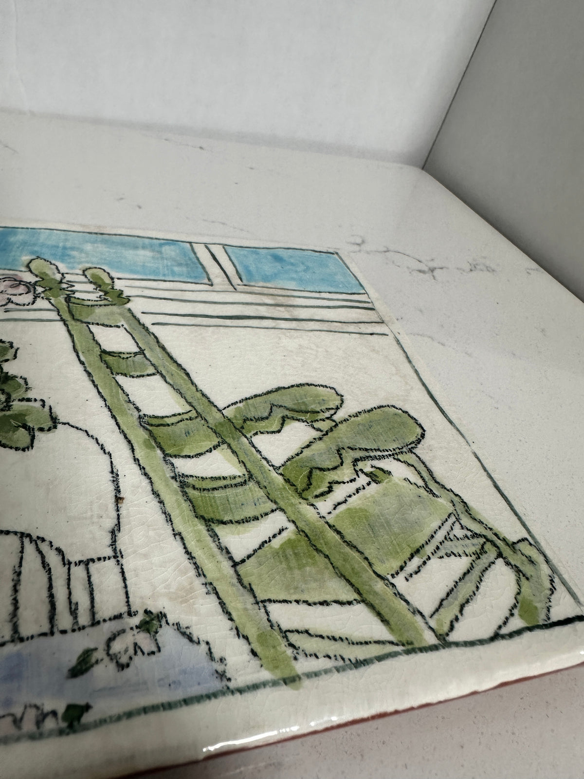 Hand-Painted Ceramic Art Tile with Window and Potted Plants