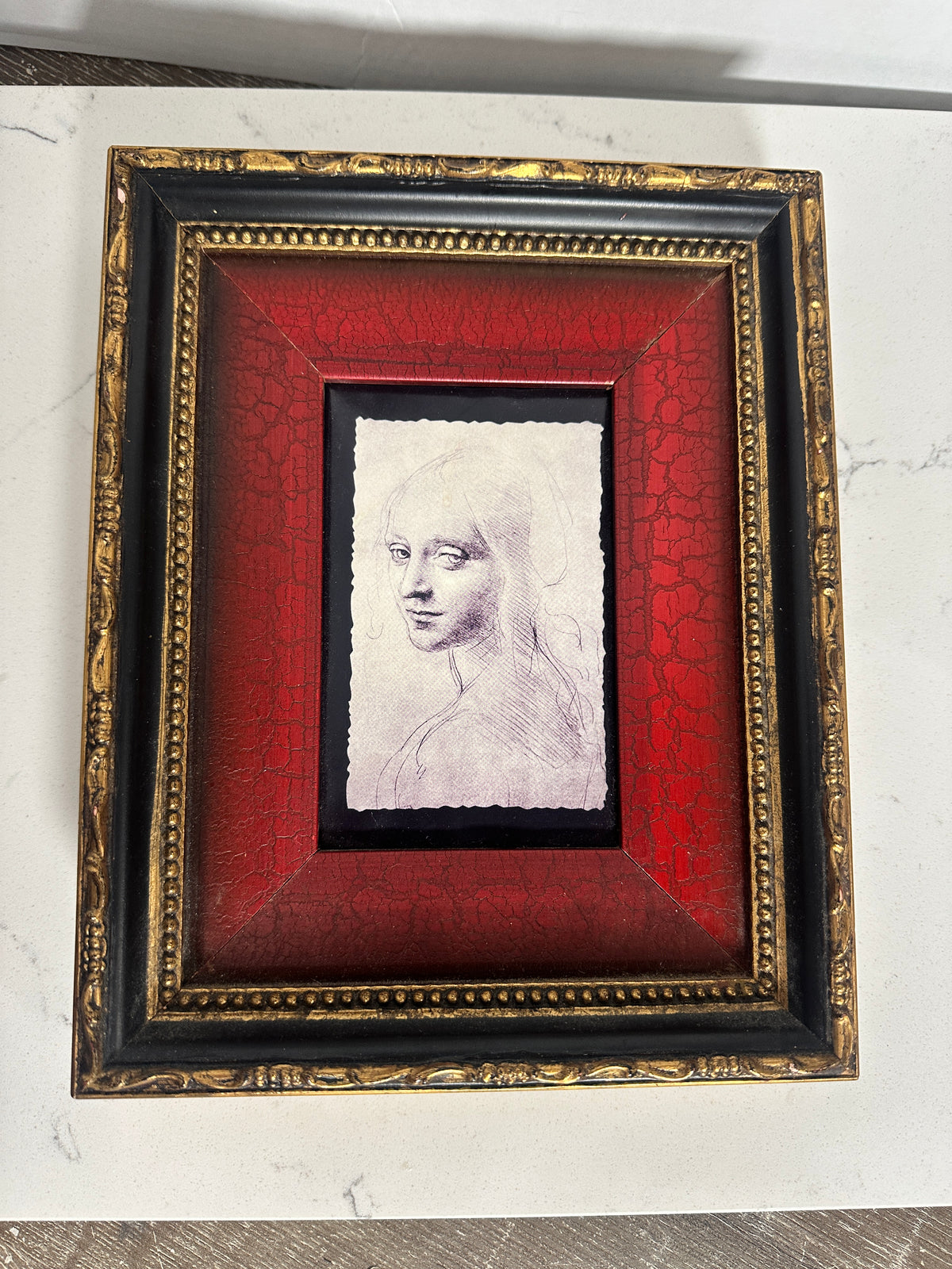 Framed Woman’s Portrait Sketch | Ornate Red, Black & Gold Tabletop Art