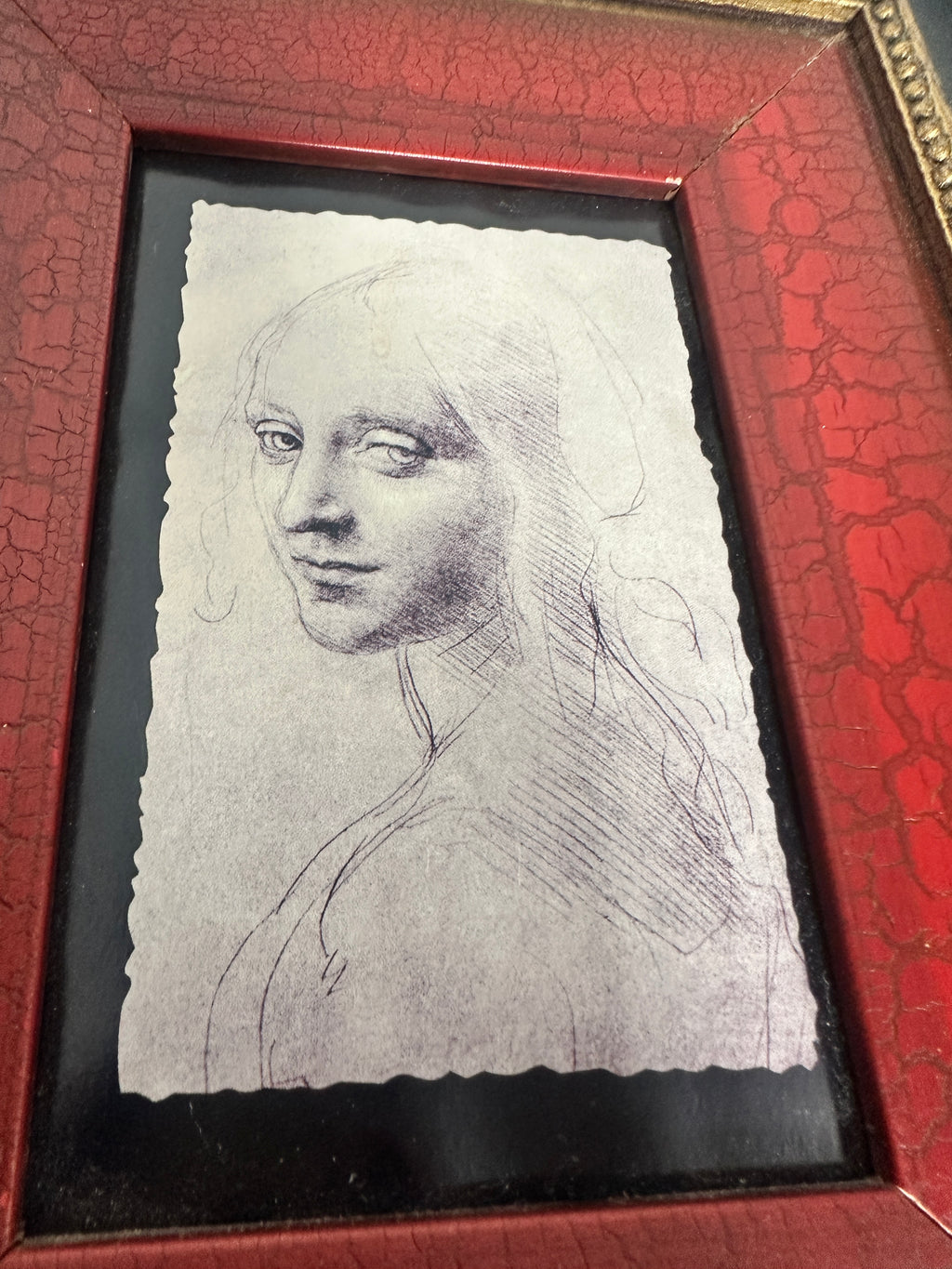 Framed Woman’s Portrait Sketch | Ornate Red, Black & Gold Tabletop Art
