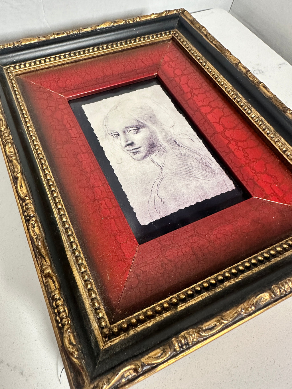 Framed Woman’s Portrait Sketch | Ornate Red, Black & Gold Tabletop Art
