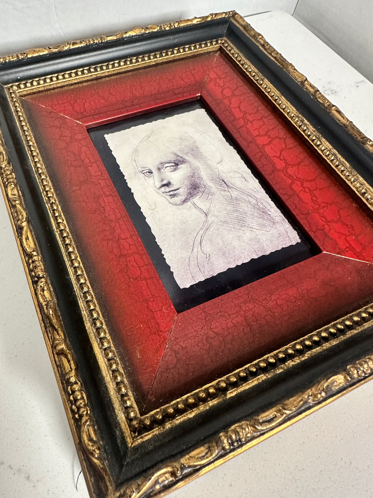 Framed Woman’s Portrait Sketch | Ornate Red, Black & Gold Tabletop Art