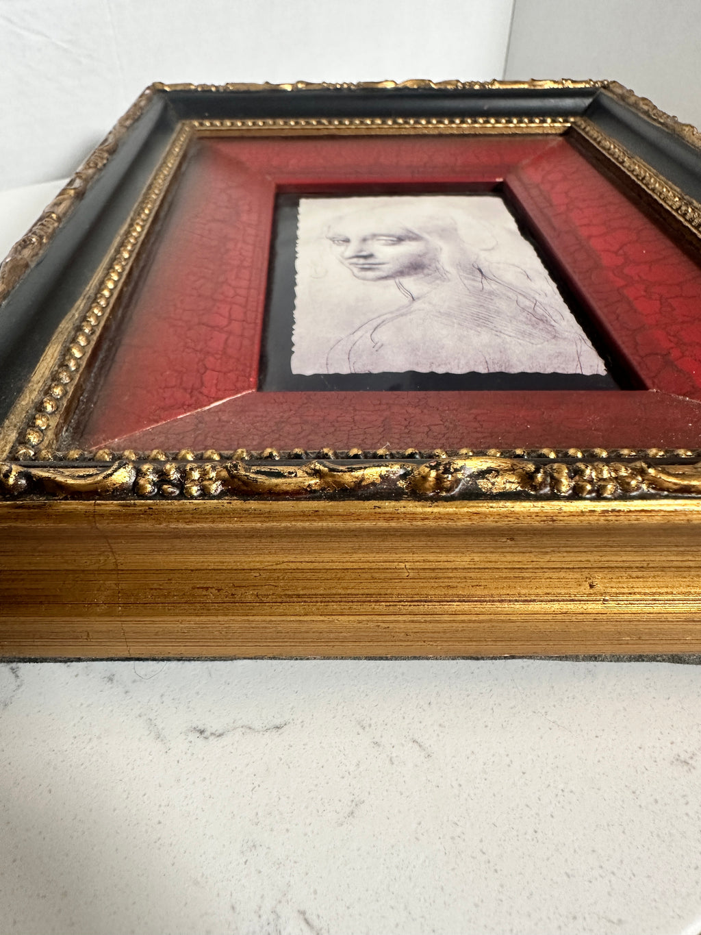 Framed Woman’s Portrait Sketch | Ornate Red, Black & Gold Tabletop Art