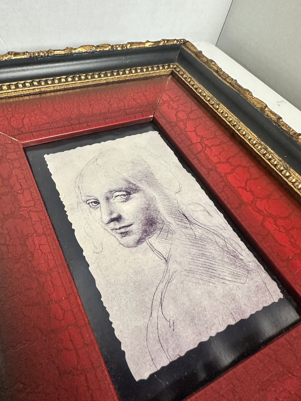 Framed Woman’s Portrait Sketch | Ornate Red, Black & Gold Tabletop Art
