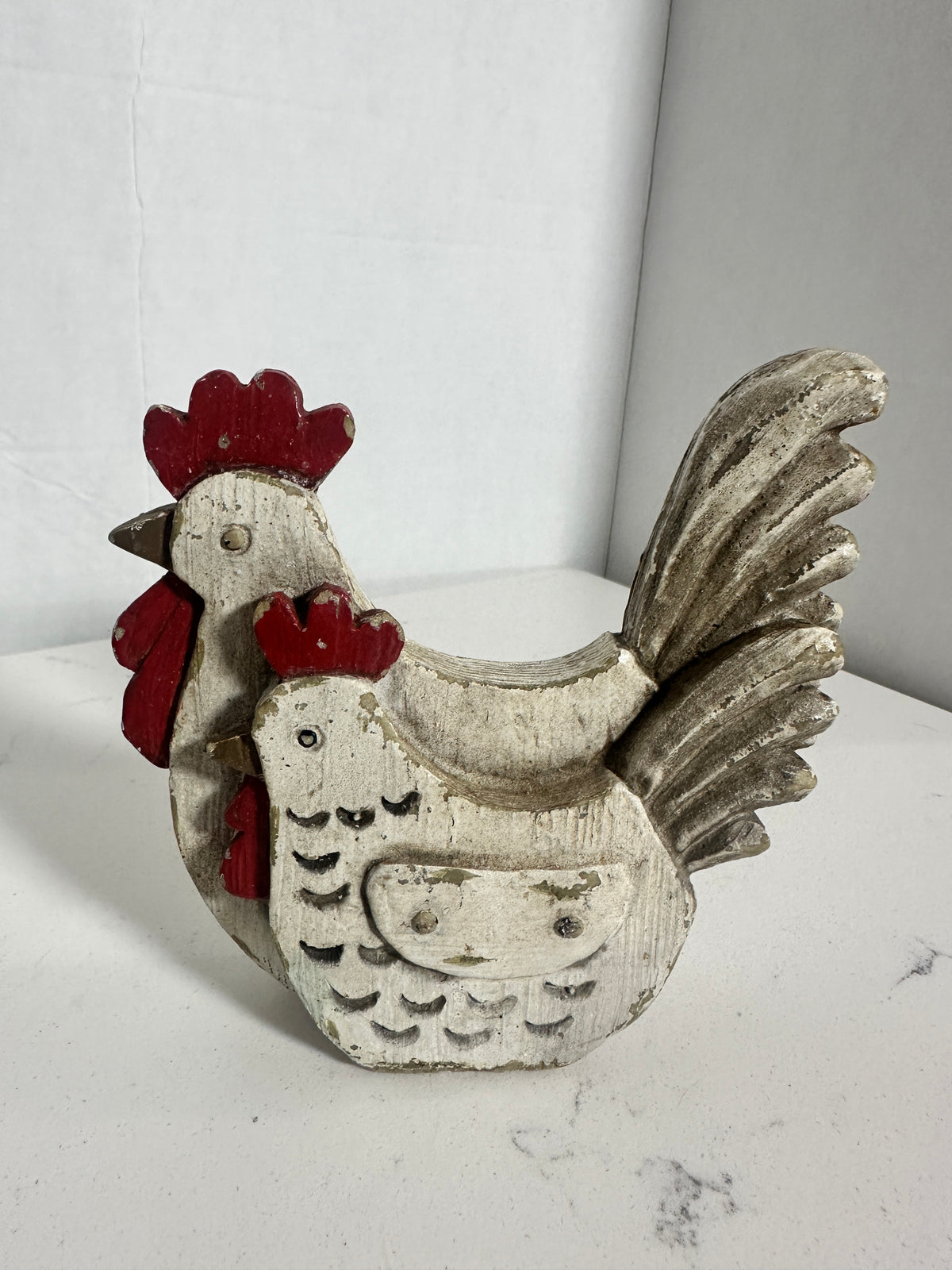 Rustic Rooster and Hen Figurine | Distressed Farmhouse Decor