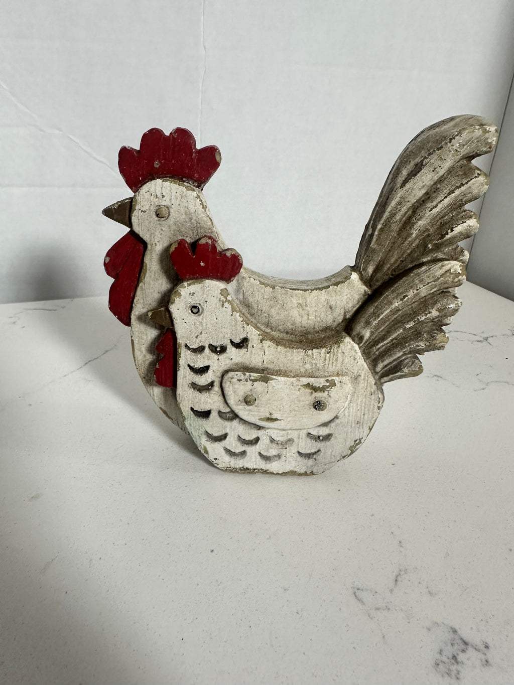 Rustic Rooster and Hen Figurine | Distressed Farmhouse Decor