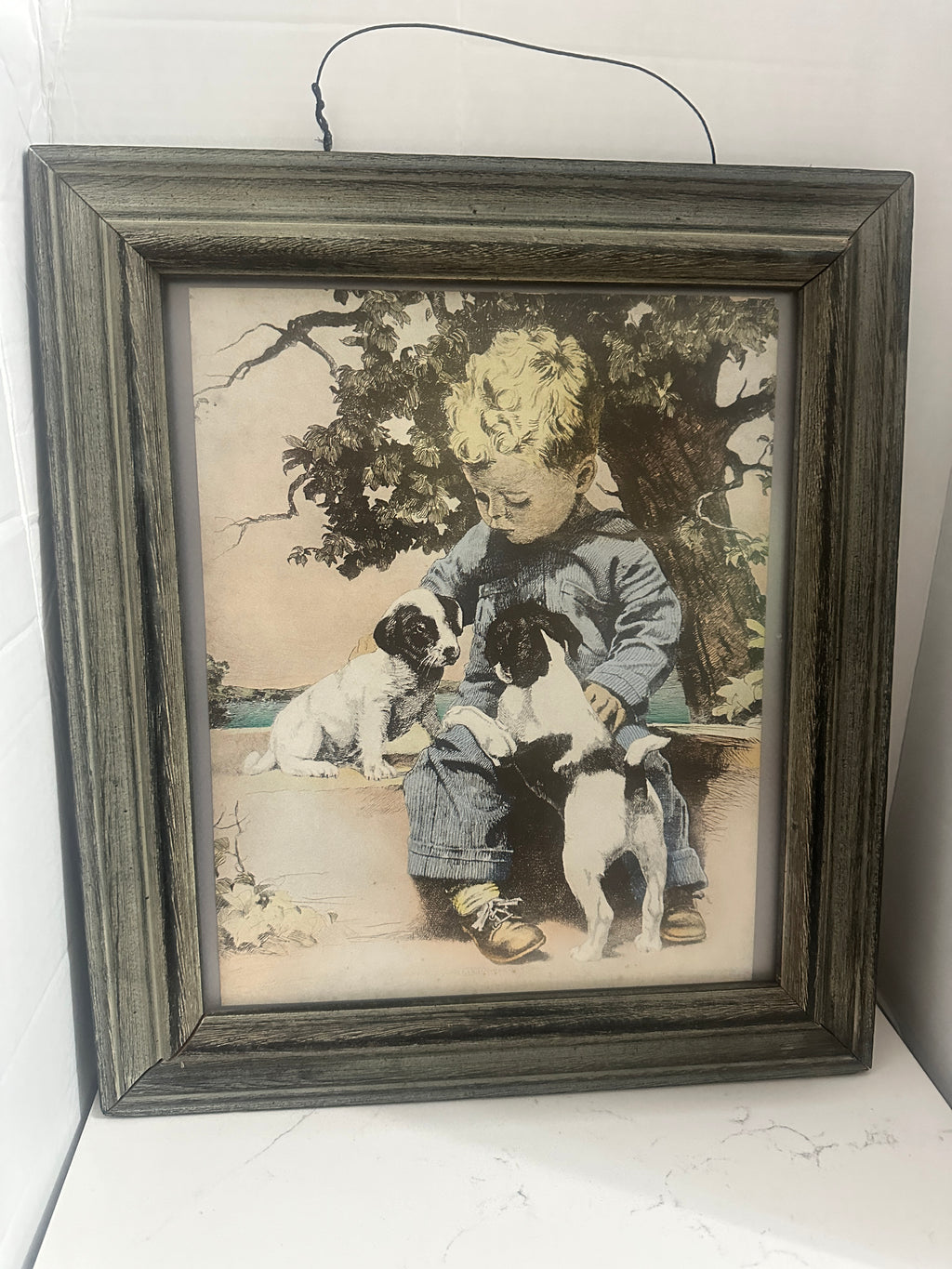 Vintage “Talking It Over” Framed Boy & Puppies Print – 17 x 14.5 Nostalgic Wall Art