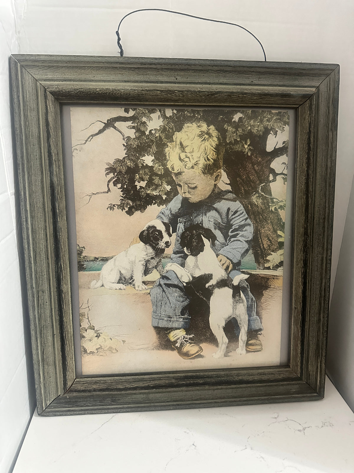 Vintage “Talking It Over” Framed Boy & Puppies Print – 17 x 14.5 Nostalgic Wall Art