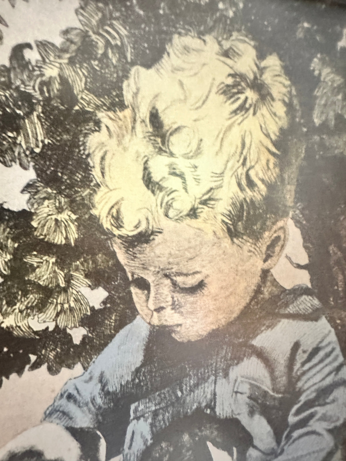 Vintage “Talking It Over” Framed Boy & Puppies Print – 17 x 14.5 Nostalgic Wall Art