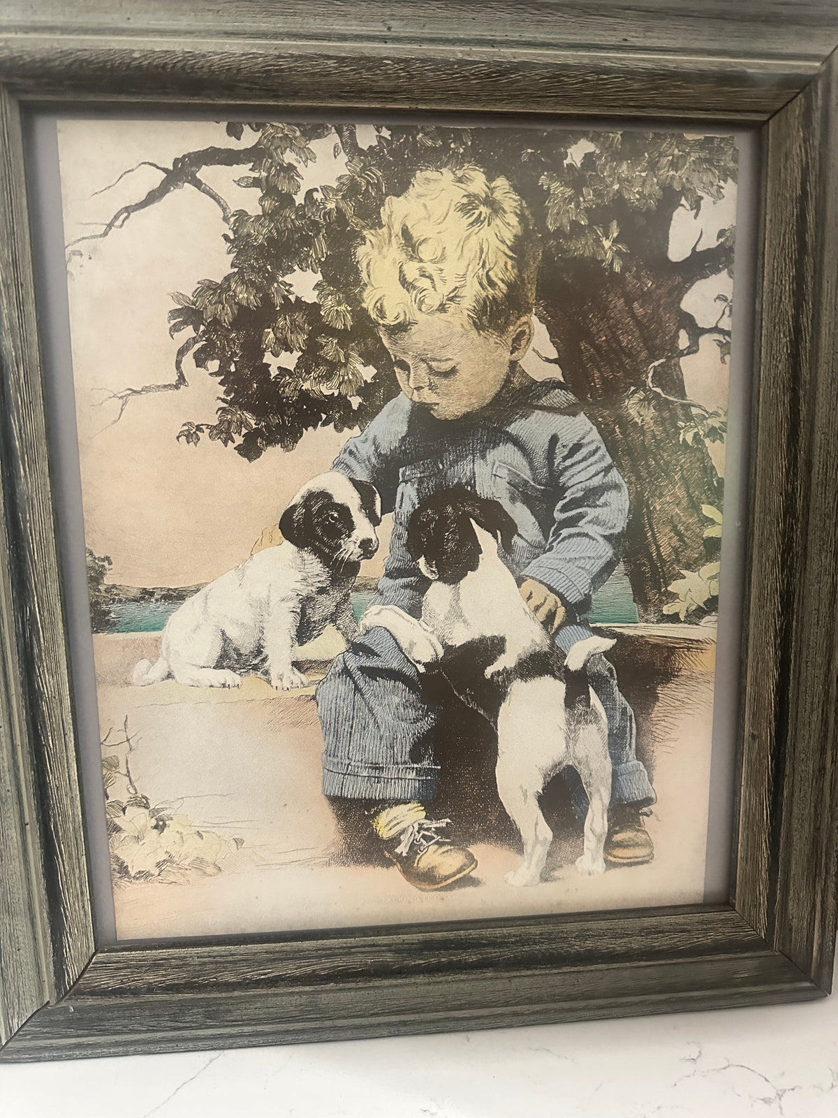 Vintage “Talking It Over” Framed Boy & Puppies Print – 17 x 14.5 Nostalgic Wall Art