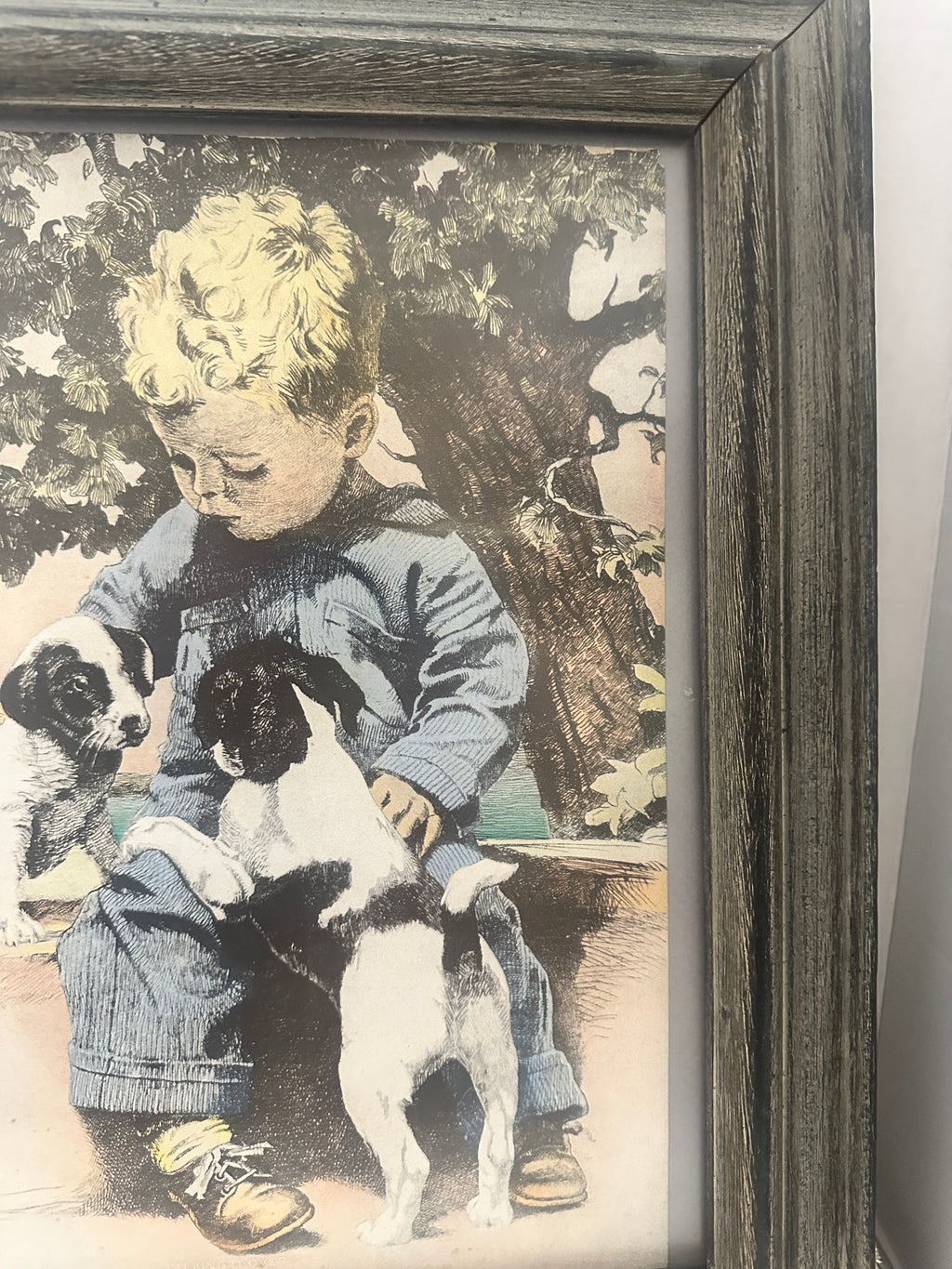 Vintage “Talking It Over” Framed Boy & Puppies Print – 17 x 14.5 Nostalgic Wall Art