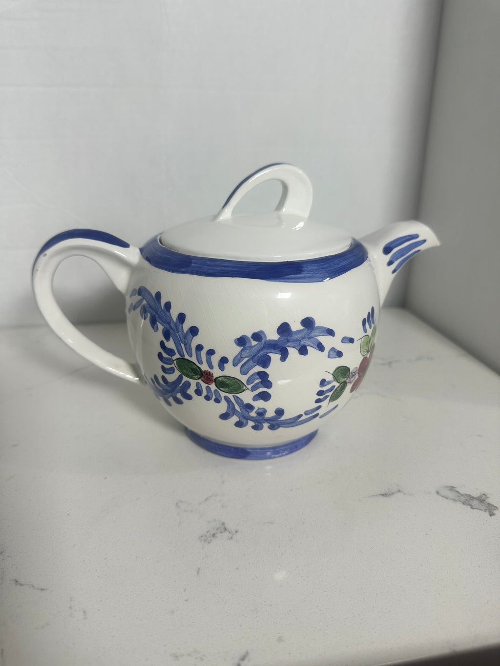 Vintage Hand-Painted Ceramic Floral Teapot – Blue & White Folk Art Pottery