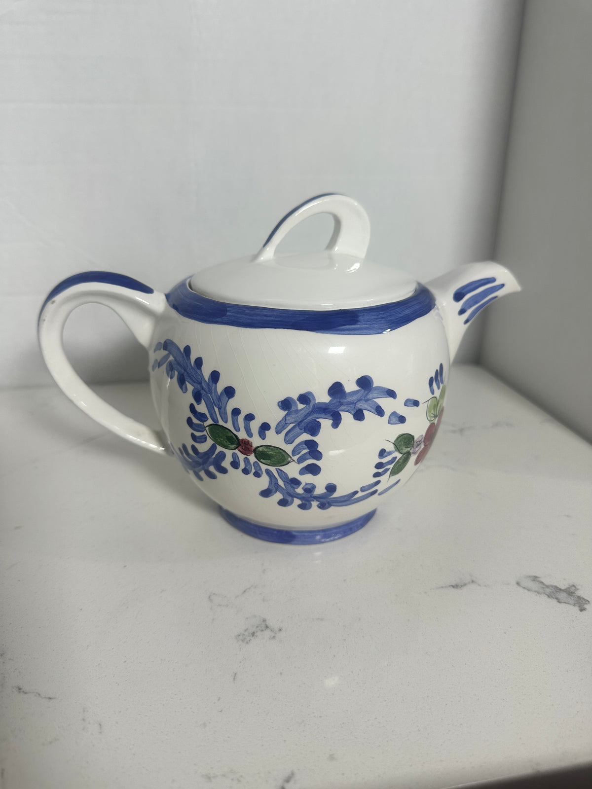 Vintage Hand-Painted Ceramic Floral Teapot – Blue & White Folk Art Pottery