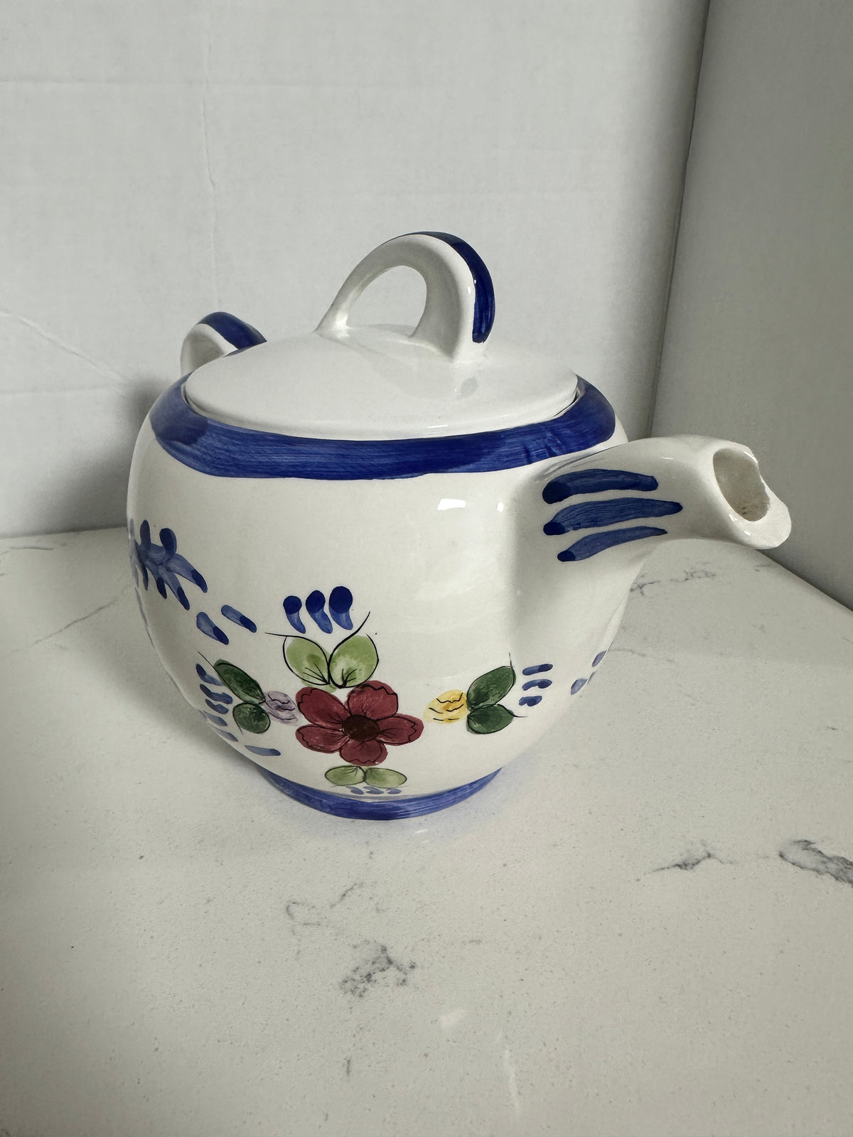 Vintage Hand-Painted Ceramic Floral Teapot – Blue & White Folk Art Pottery