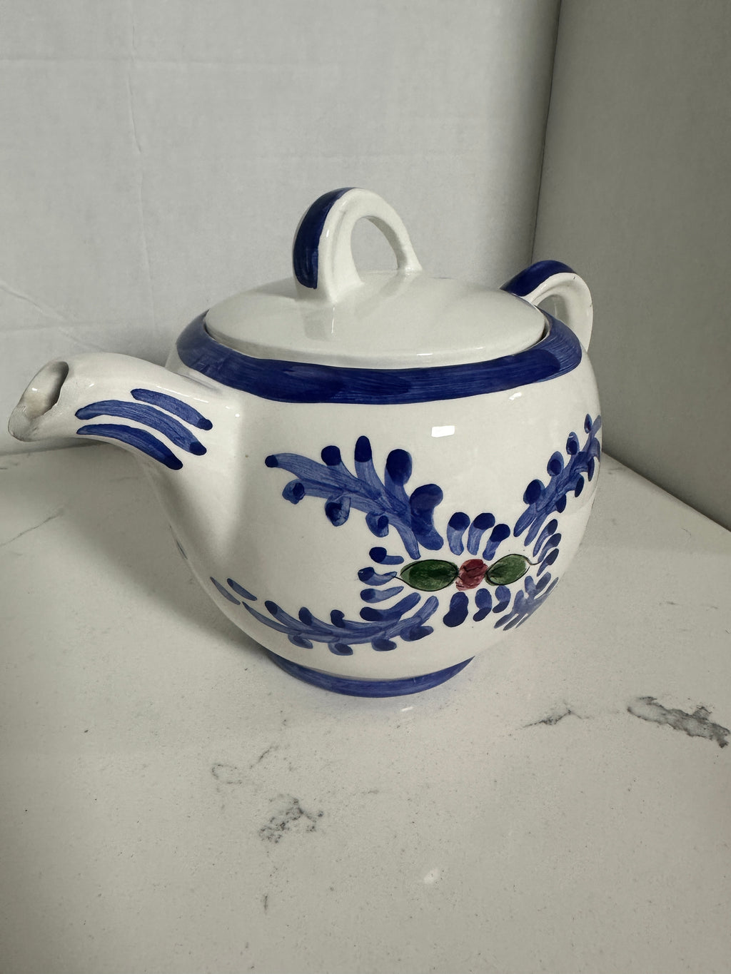 Vintage Hand-Painted Ceramic Floral Teapot – Blue & White Folk Art Pottery