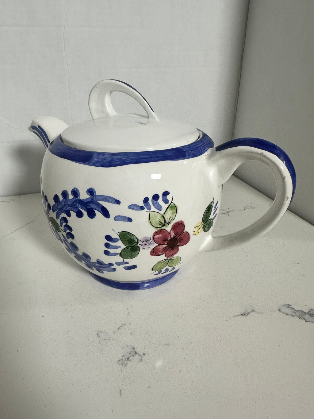 Vintage Hand-Painted Ceramic Floral Teapot – Blue & White Folk Art Pottery