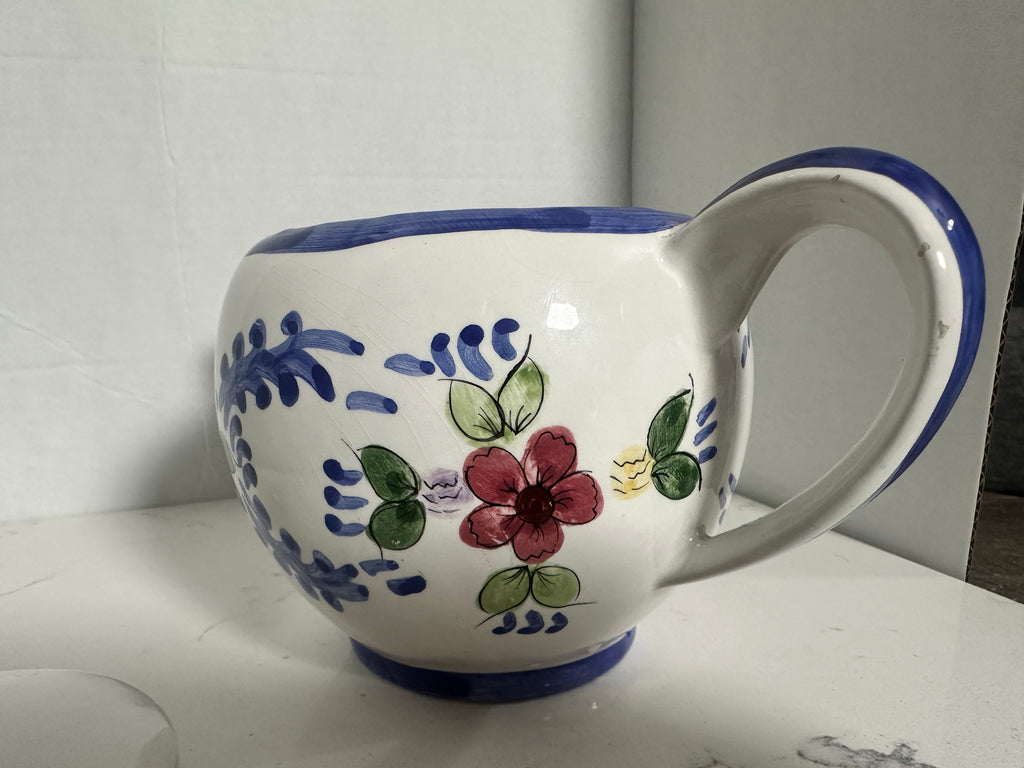 Vintage Hand-Painted Ceramic Floral Teapot – Blue & White Folk Art Pottery