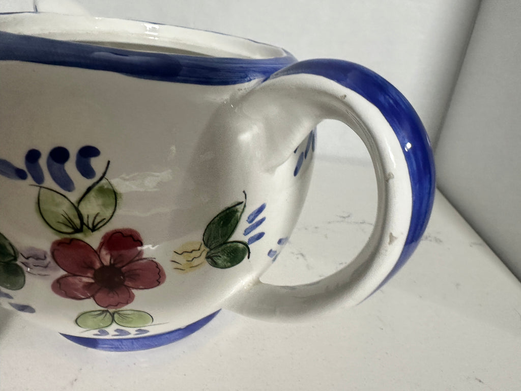 Vintage Hand-Painted Ceramic Floral Teapot – Blue & White Folk Art Pottery