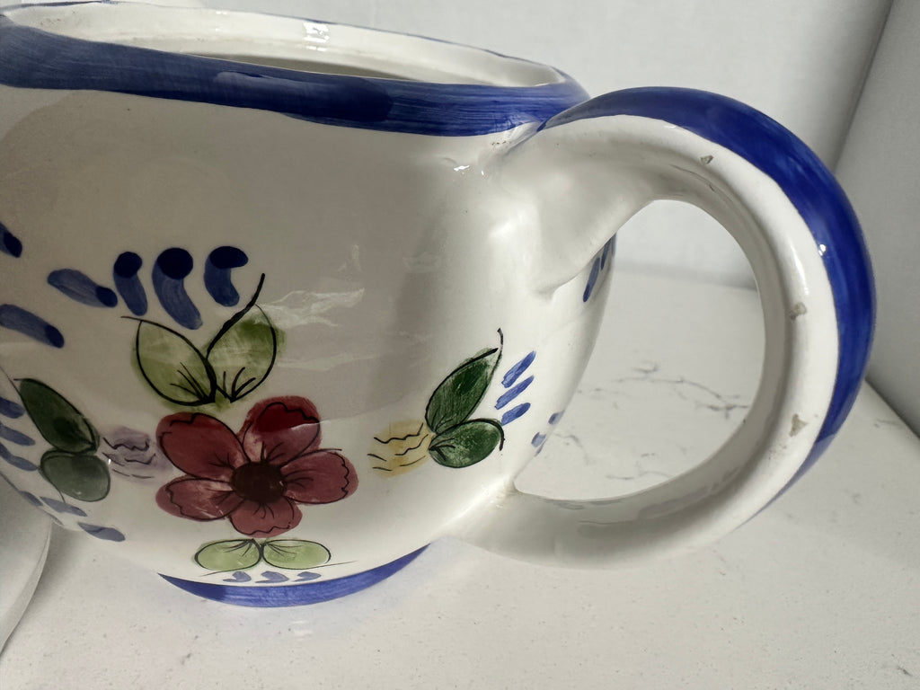Vintage Hand-Painted Ceramic Floral Teapot – Blue & White Folk Art Pottery
