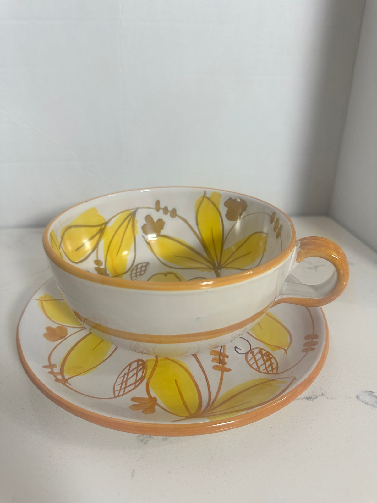 Vintage Italian Hand-Painted Floral Cup & Saucer – Yellow Orange Mid-Century Pottery