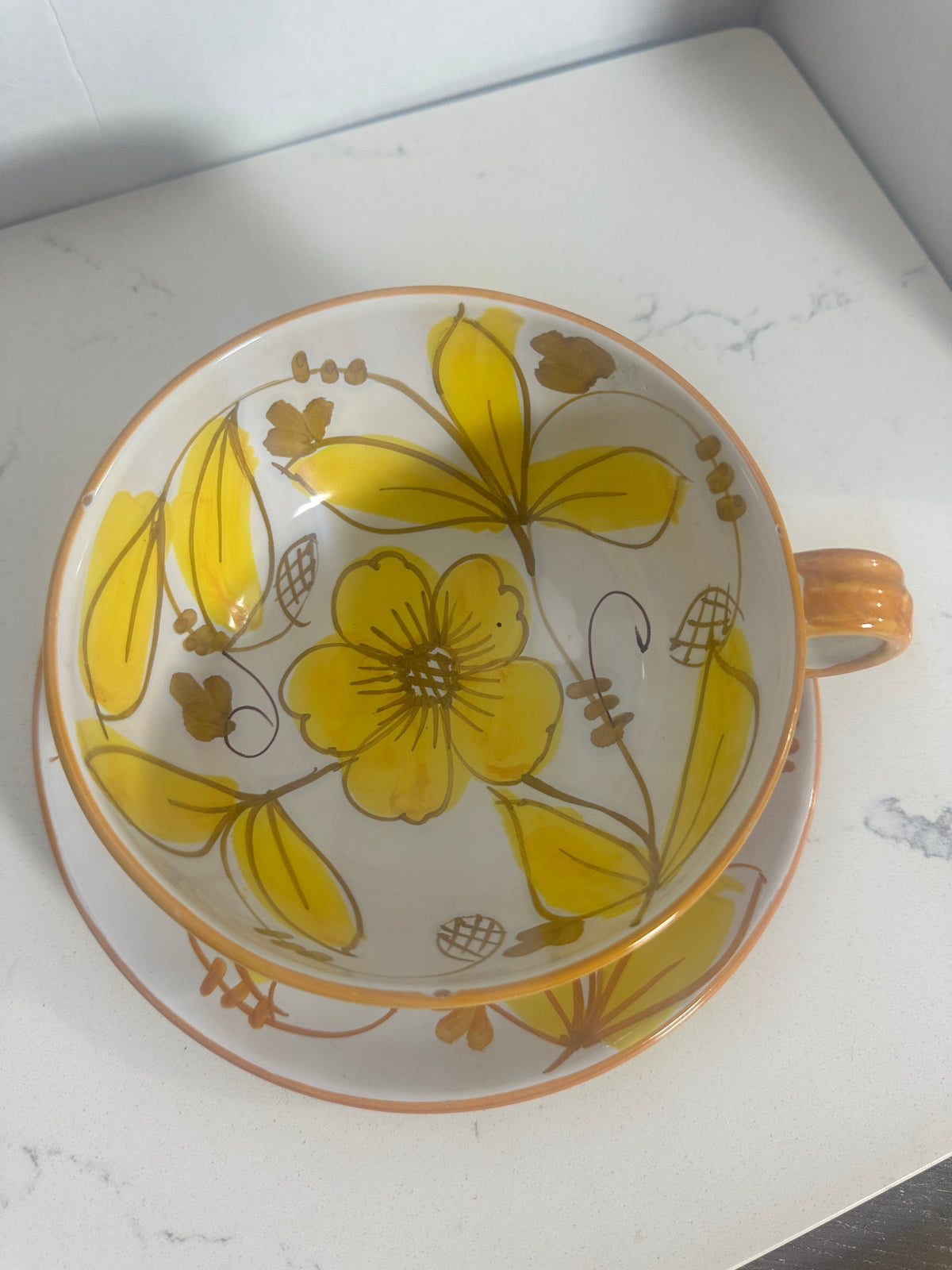 Vintage Italian Hand-Painted Floral Cup & Saucer – Yellow Orange Mid-Century Pottery