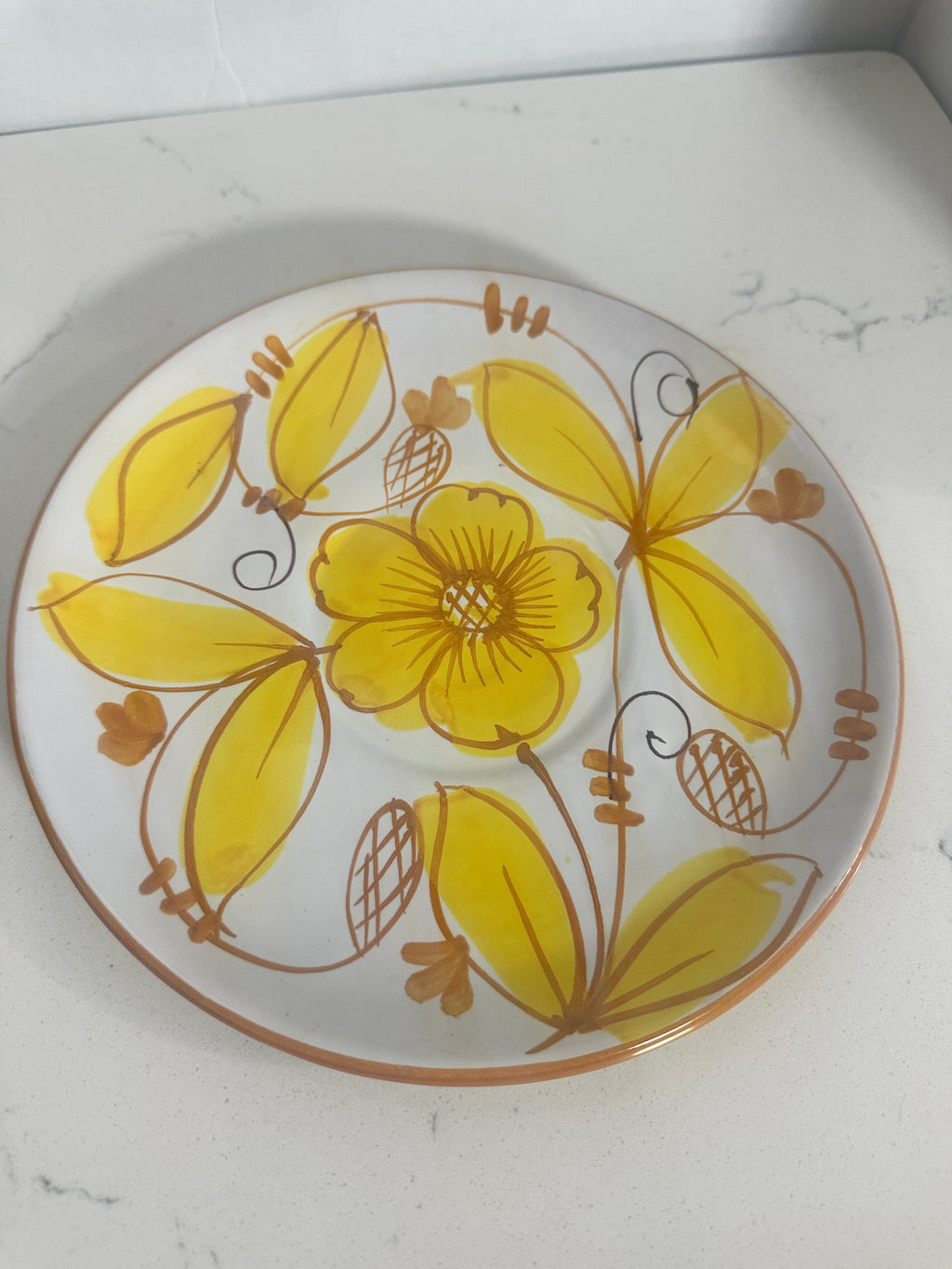Vintage Italian Hand-Painted Floral Cup & Saucer – Yellow Orange Mid-Century Pottery