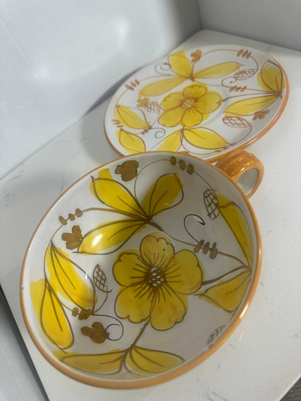 Vintage Italian Hand-Painted Floral Cup & Saucer – Yellow Orange Mid-Century Pottery