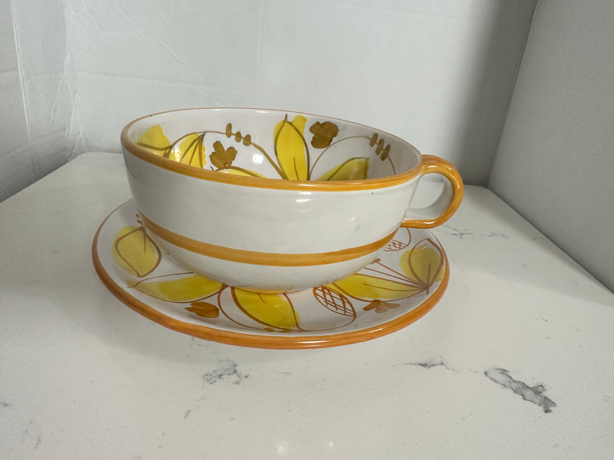 Vintage Italian Hand-Painted Floral Cup & Saucer – Yellow Orange Mid-Century Pottery