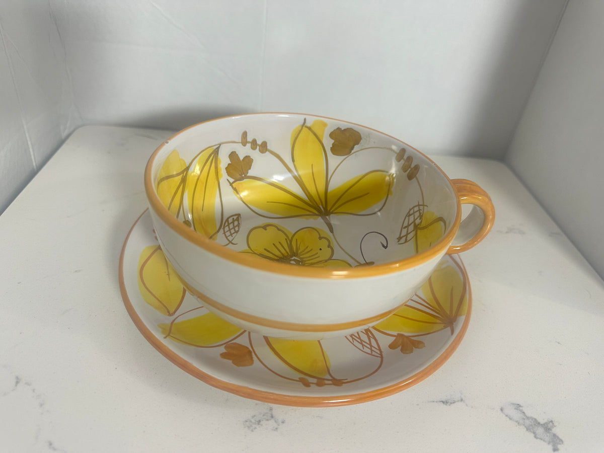 Vintage Italian Hand-Painted Floral Cup & Saucer – Yellow Orange Mid-Century Pottery