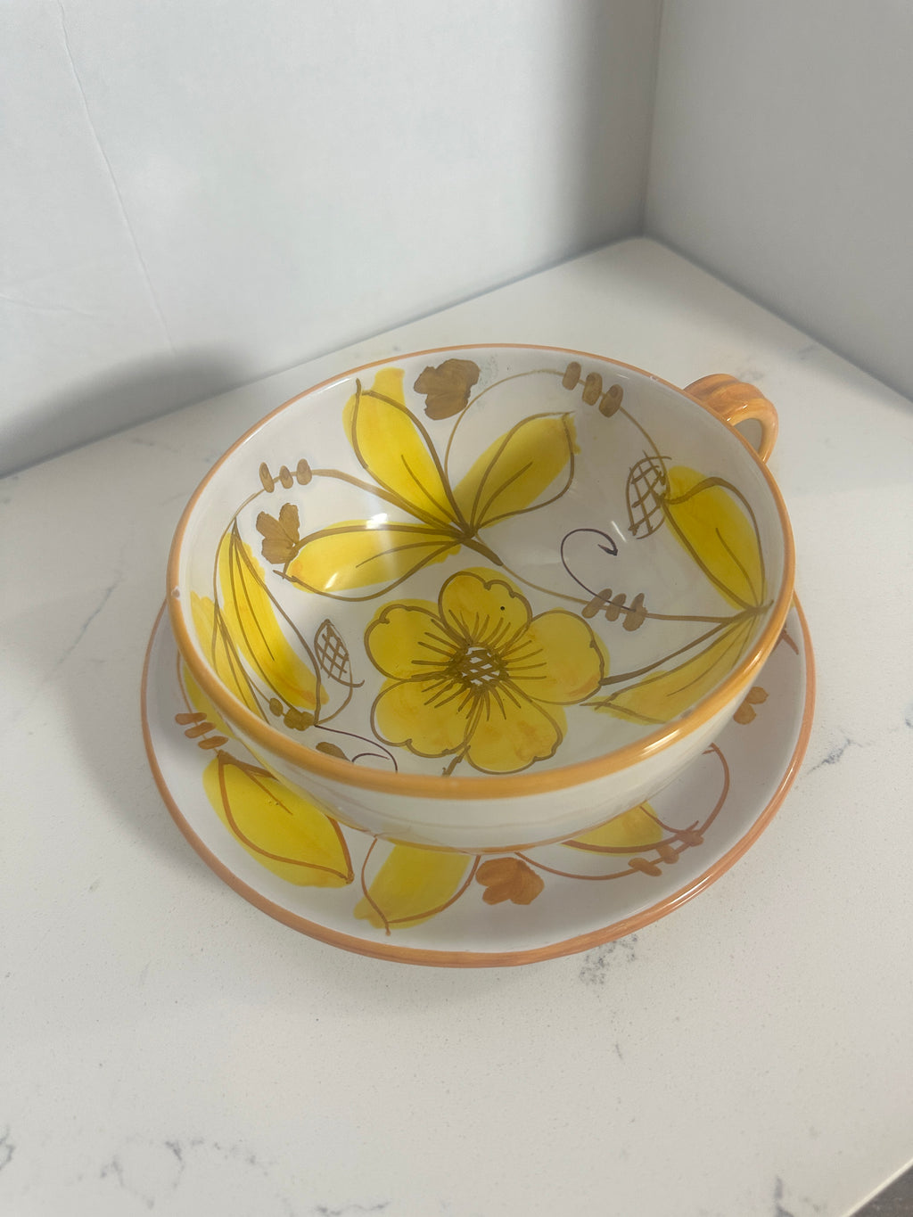 Vintage Italian Hand-Painted Floral Cup & Saucer – Yellow Orange Mid-Century Pottery