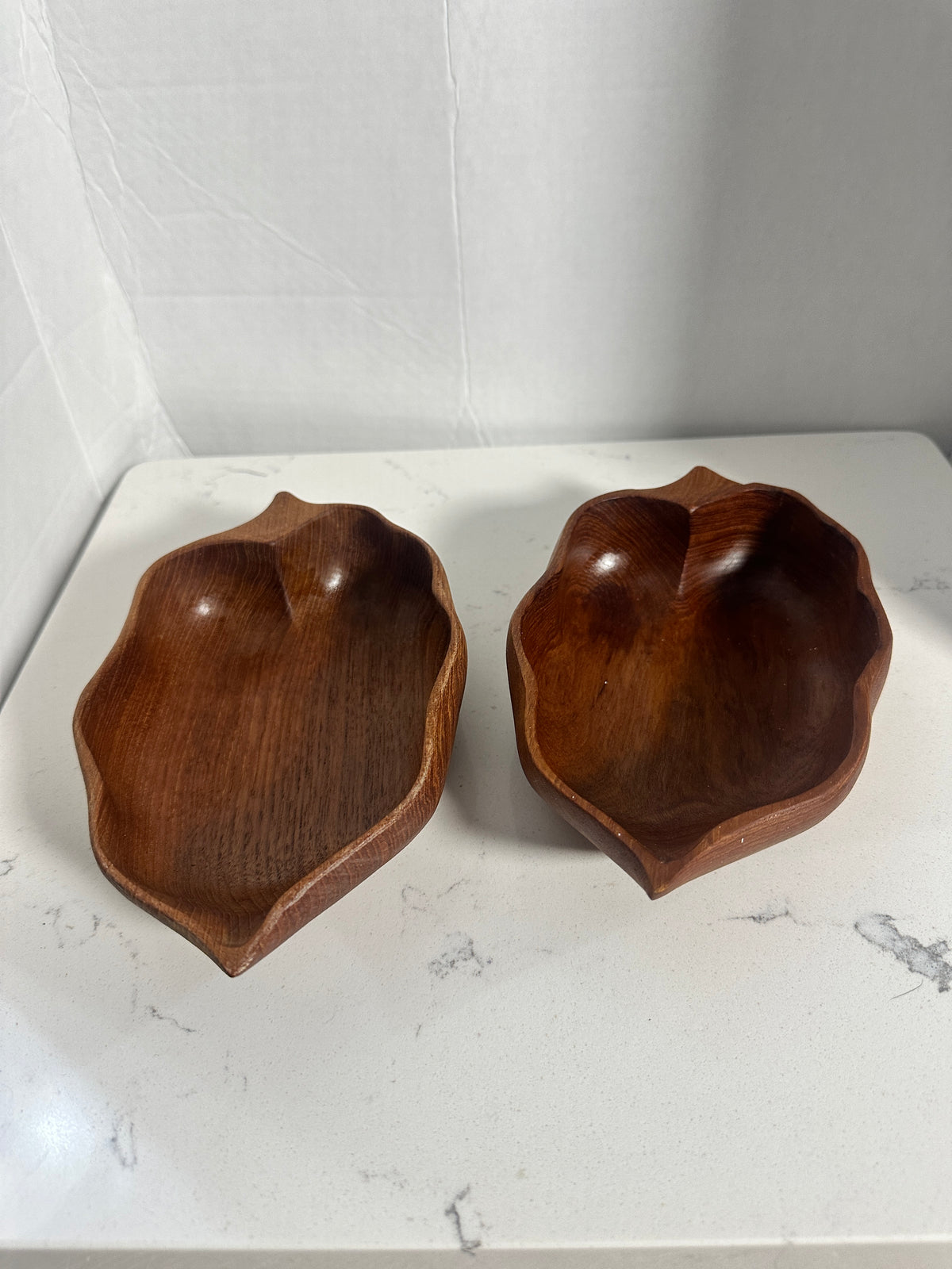 Vintage Hand-Carved Wooden Leaf Bowls – Set of 2 – Mid Century Organic Serving Dishes