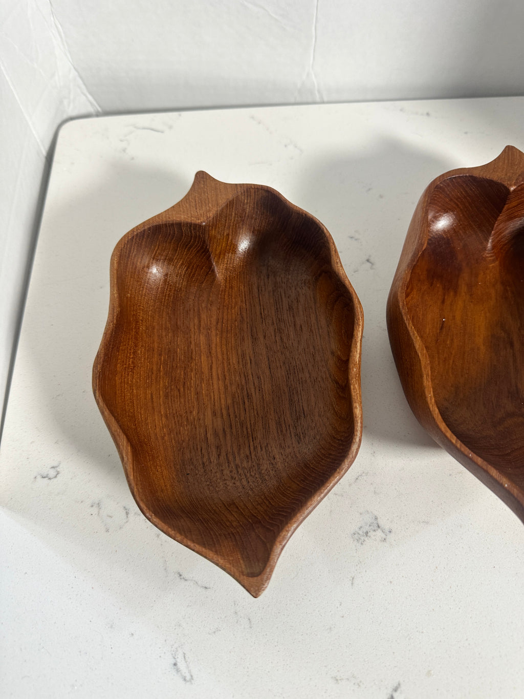 Vintage Hand-Carved Wooden Leaf Bowls – Set of 2 – Mid Century Organic Serving Dishes