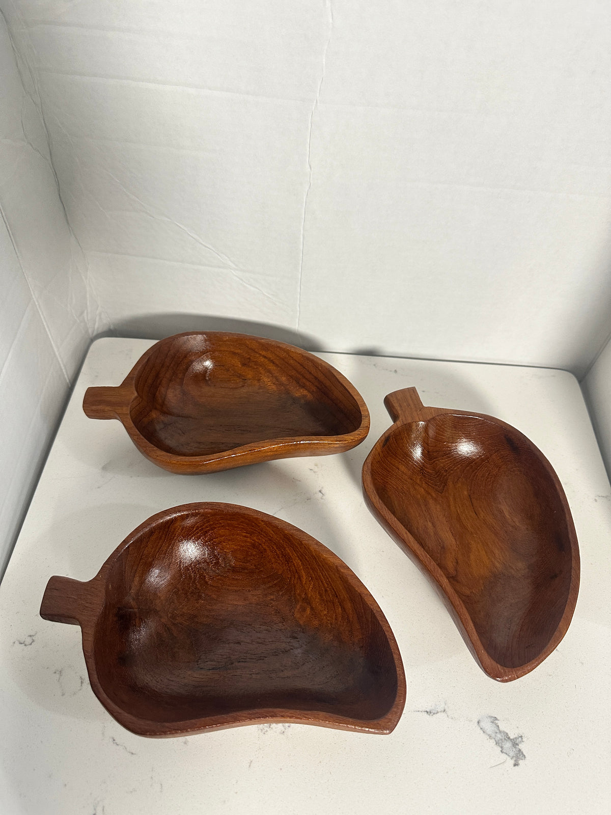 Vintage Hand-Carved Wooden Leaf Bowls Set of 3 Mid Century Serving Dishes 8 Inch