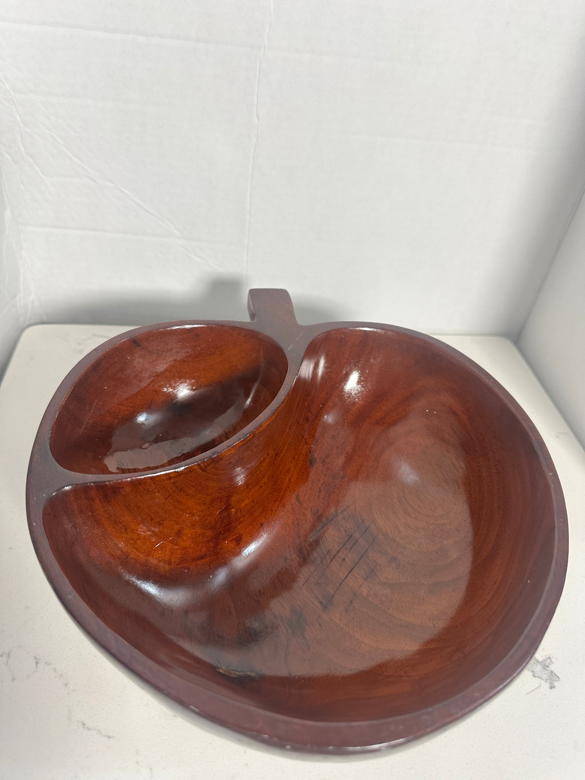 Vintage Apple-Shaped Divided Wooden Serving Bowl Mid-Century Monkey Pod Style