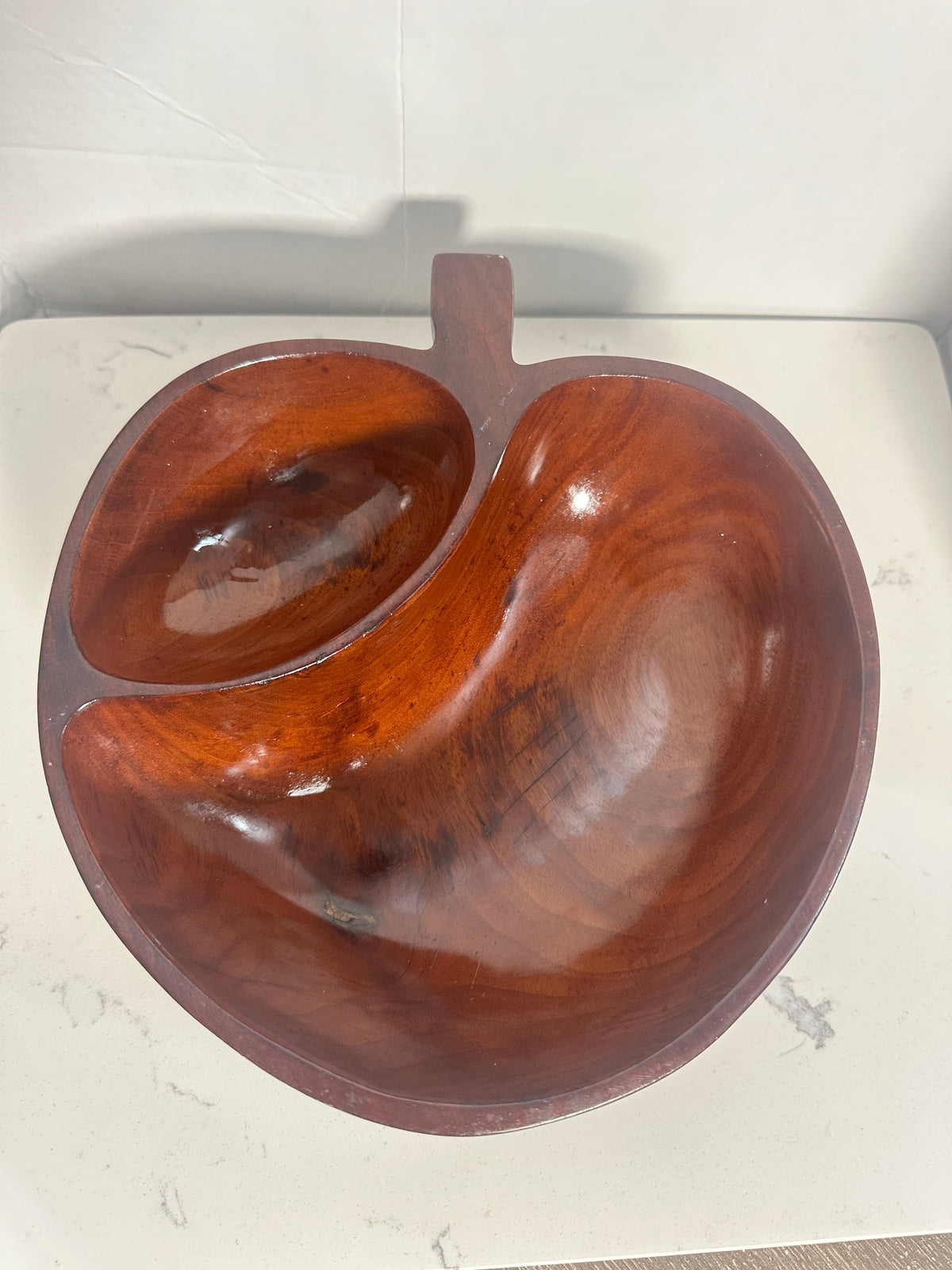 Vintage Apple-Shaped Divided Wooden Serving Bowl Mid-Century Monkey Pod Style