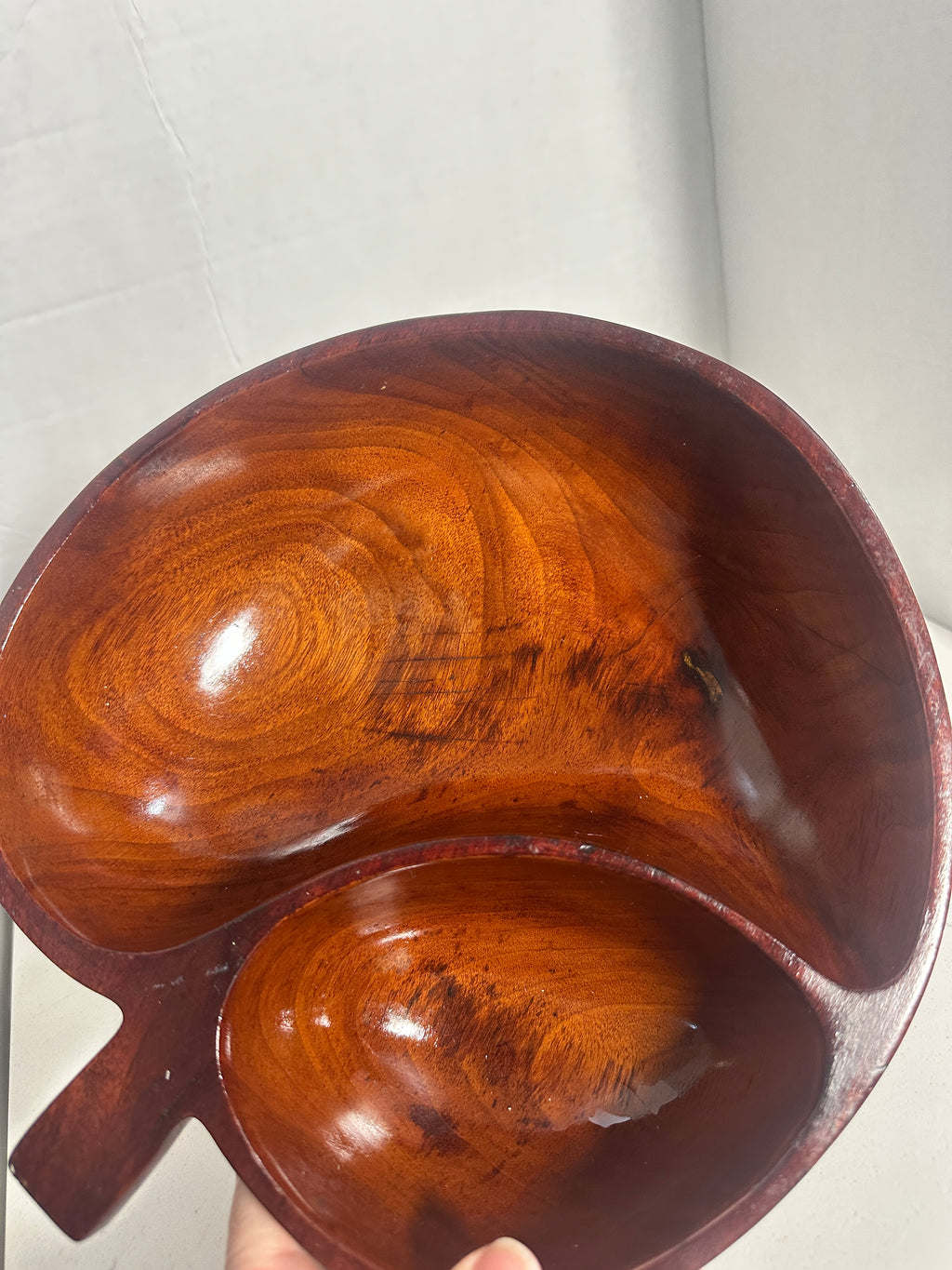 Vintage Apple-Shaped Divided Wooden Serving Bowl Mid-Century Monkey Pod Style