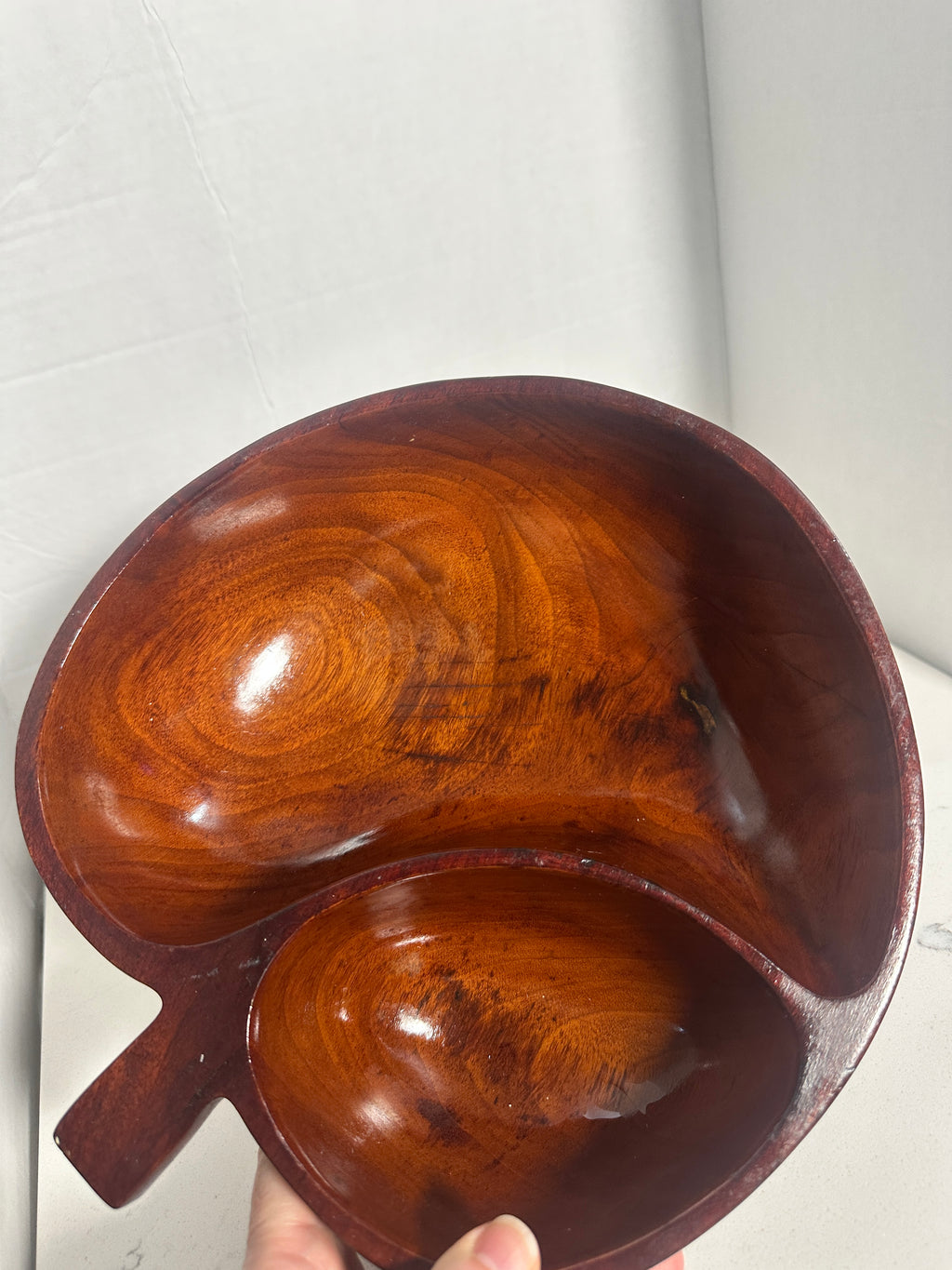 Vintage Apple-Shaped Divided Wooden Serving Bowl Mid-Century Monkey Pod Style