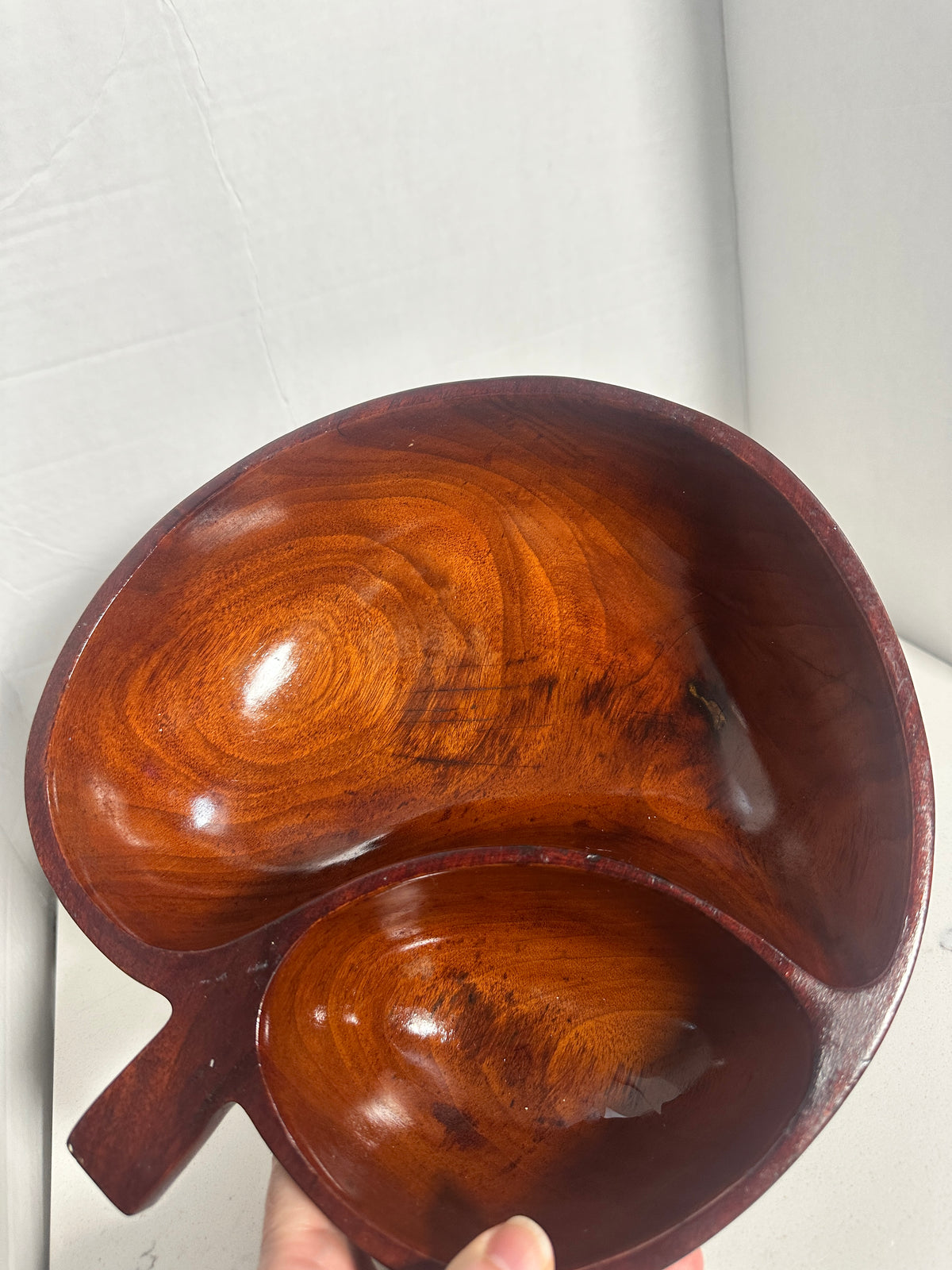 Vintage Apple-Shaped Divided Wooden Serving Bowl Mid-Century Monkey Pod Style
