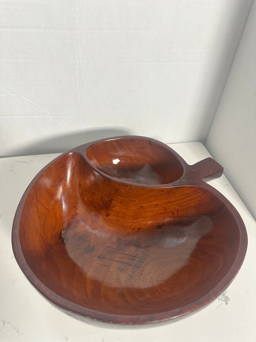 Vintage Apple-Shaped Divided Wooden Serving Bowl Mid-Century Monkey Pod Style