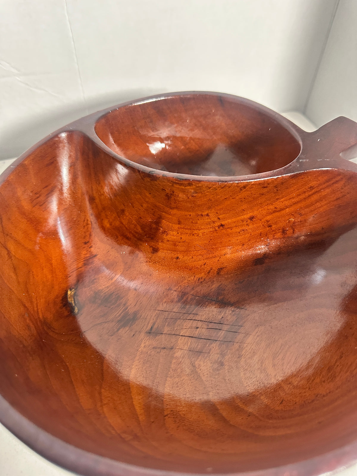 Vintage Apple-Shaped Divided Wooden Serving Bowl Mid-Century Monkey Pod Style