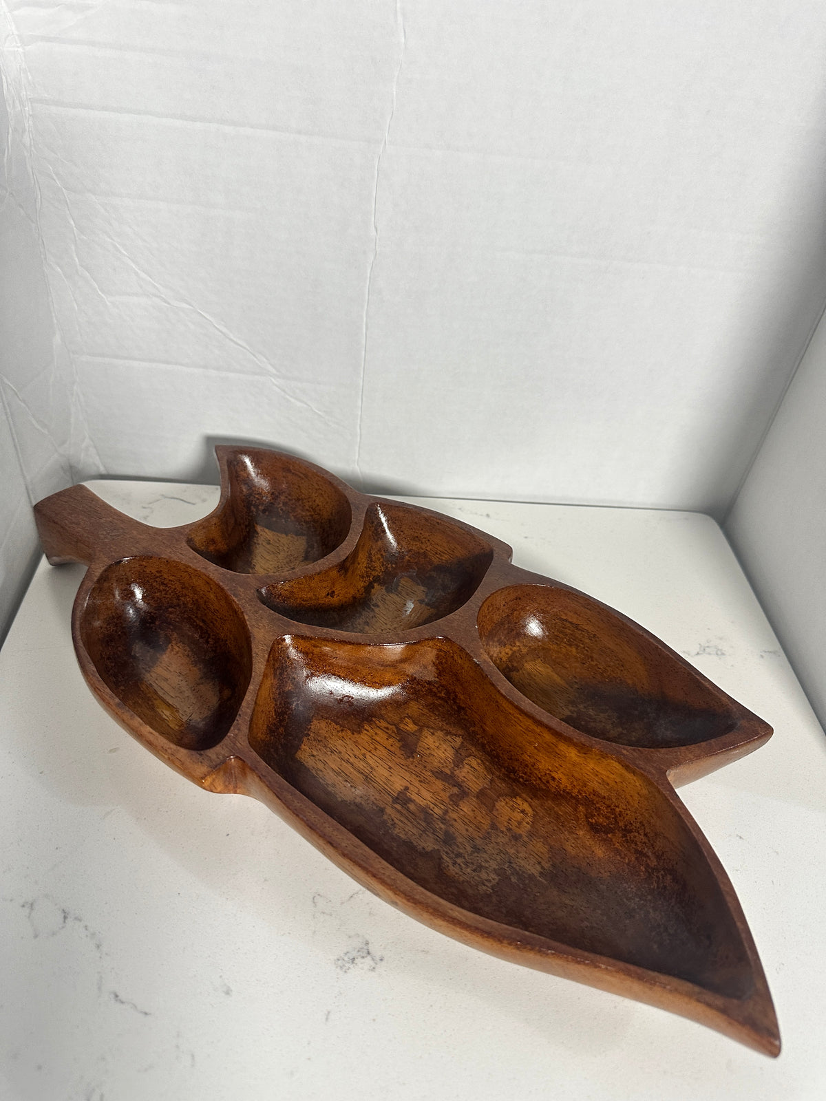 Vintage Monkey Pod Style Divided Leaf Serving Tray – 15 Inch – Mid-Century Wooden Appetizer Dish