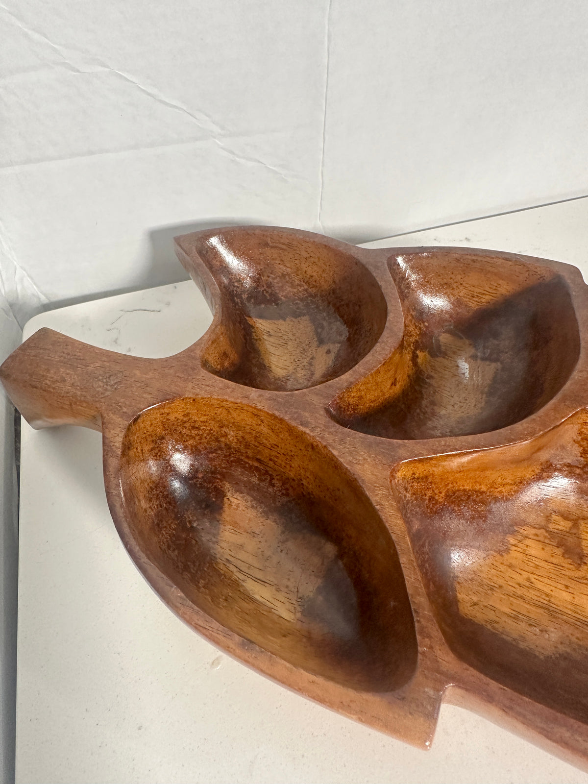 Vintage Monkey Pod Style Divided Leaf Serving Tray – 15 Inch – Mid-Century Wooden Appetizer Dish