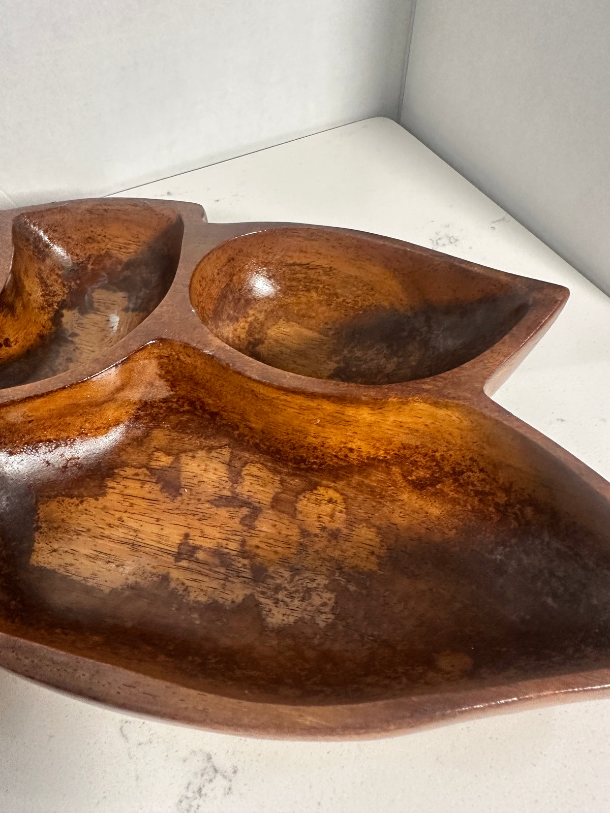 Vintage Monkey Pod Style Divided Leaf Serving Tray – 15 Inch – Mid-Century Wooden Appetizer Dish