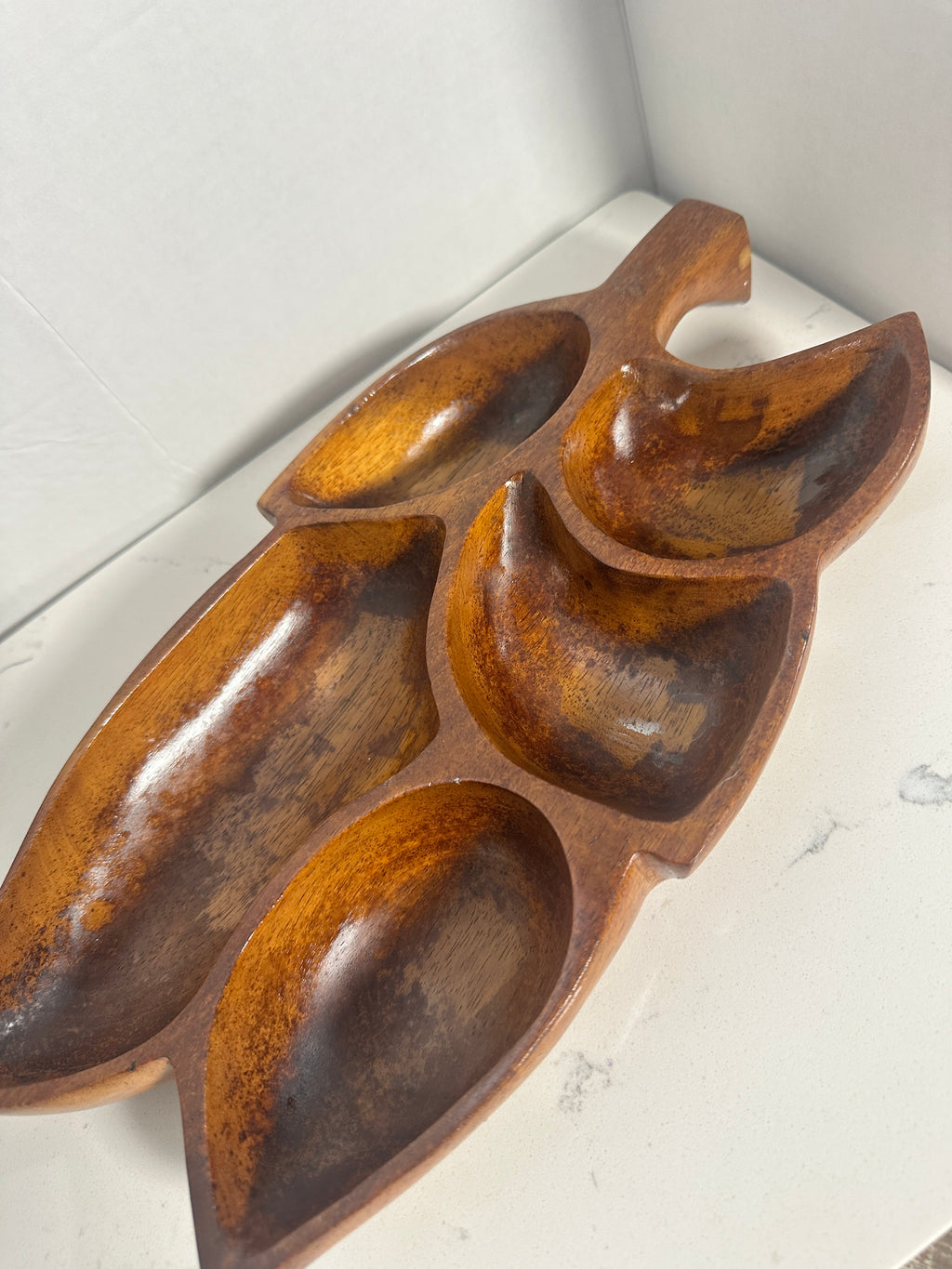 Vintage Monkey Pod Style Divided Leaf Serving Tray – 15 Inch – Mid-Century Wooden Appetizer Dish