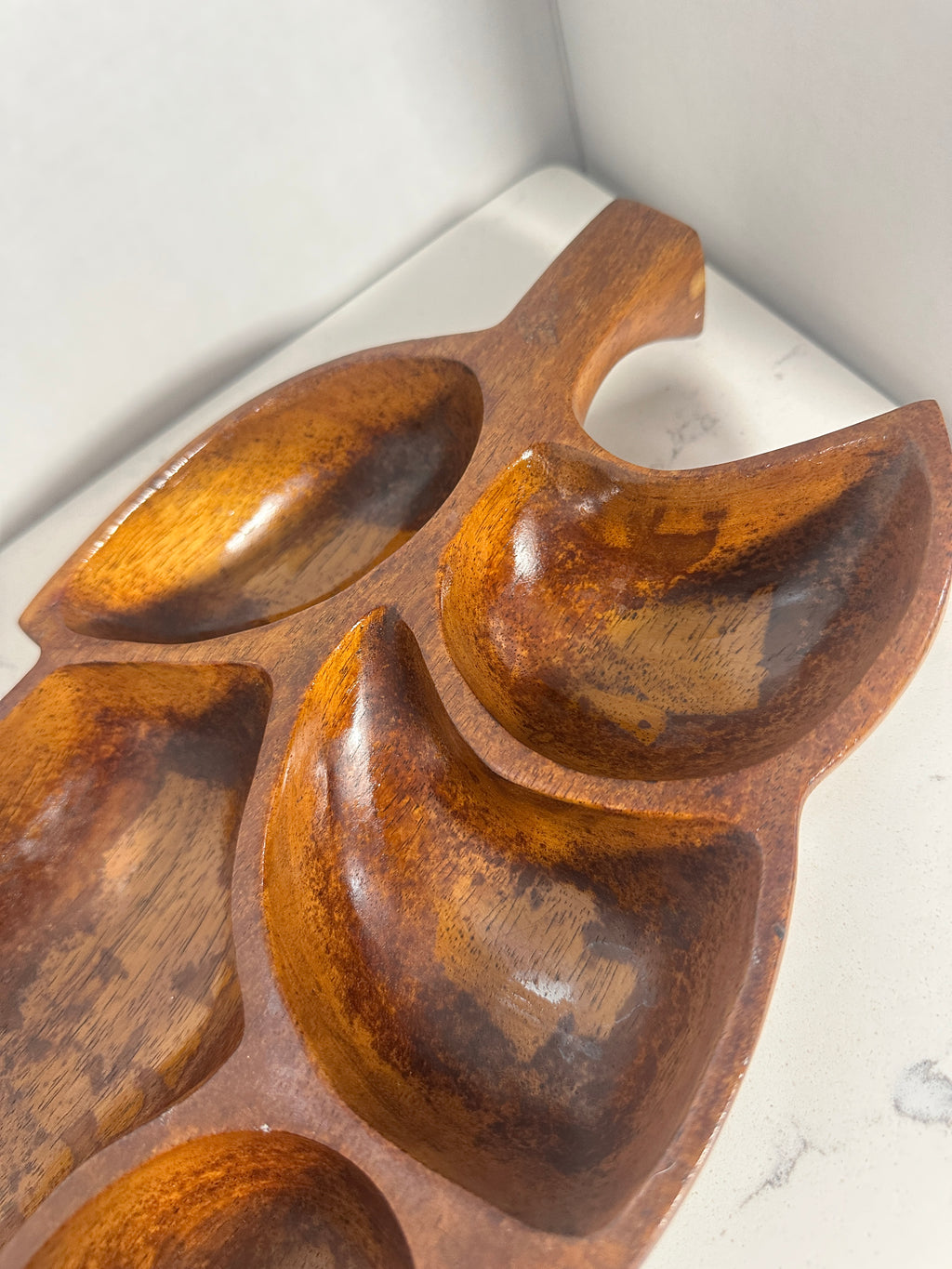 Vintage Monkey Pod Style Divided Leaf Serving Tray – 15 Inch – Mid-Century Wooden Appetizer Dish
