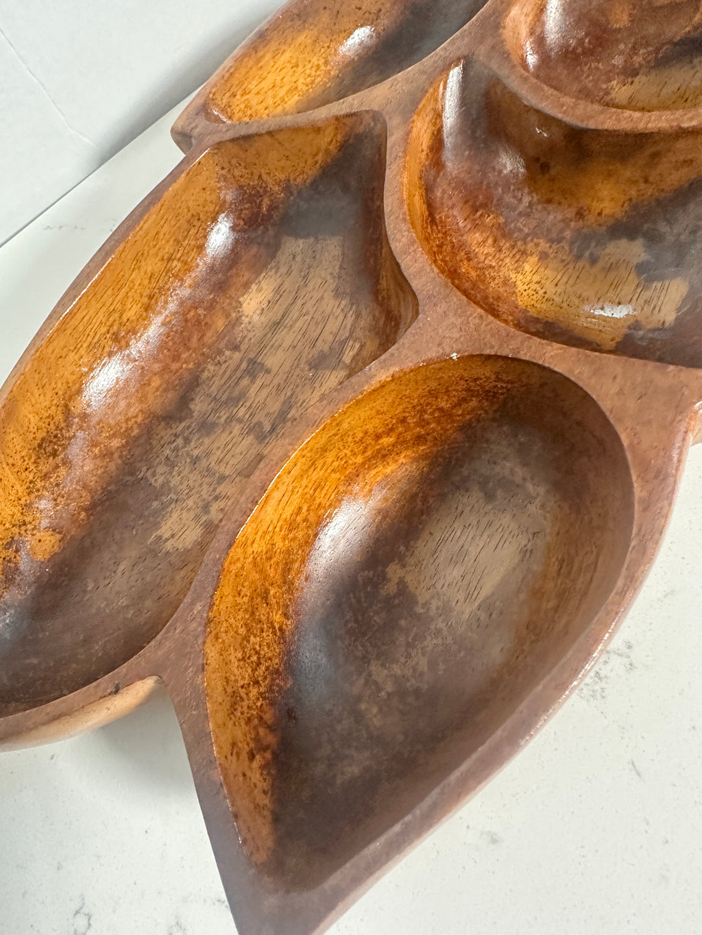 Vintage Monkey Pod Style Divided Leaf Serving Tray – 15 Inch – Mid-Century Wooden Appetizer Dish
