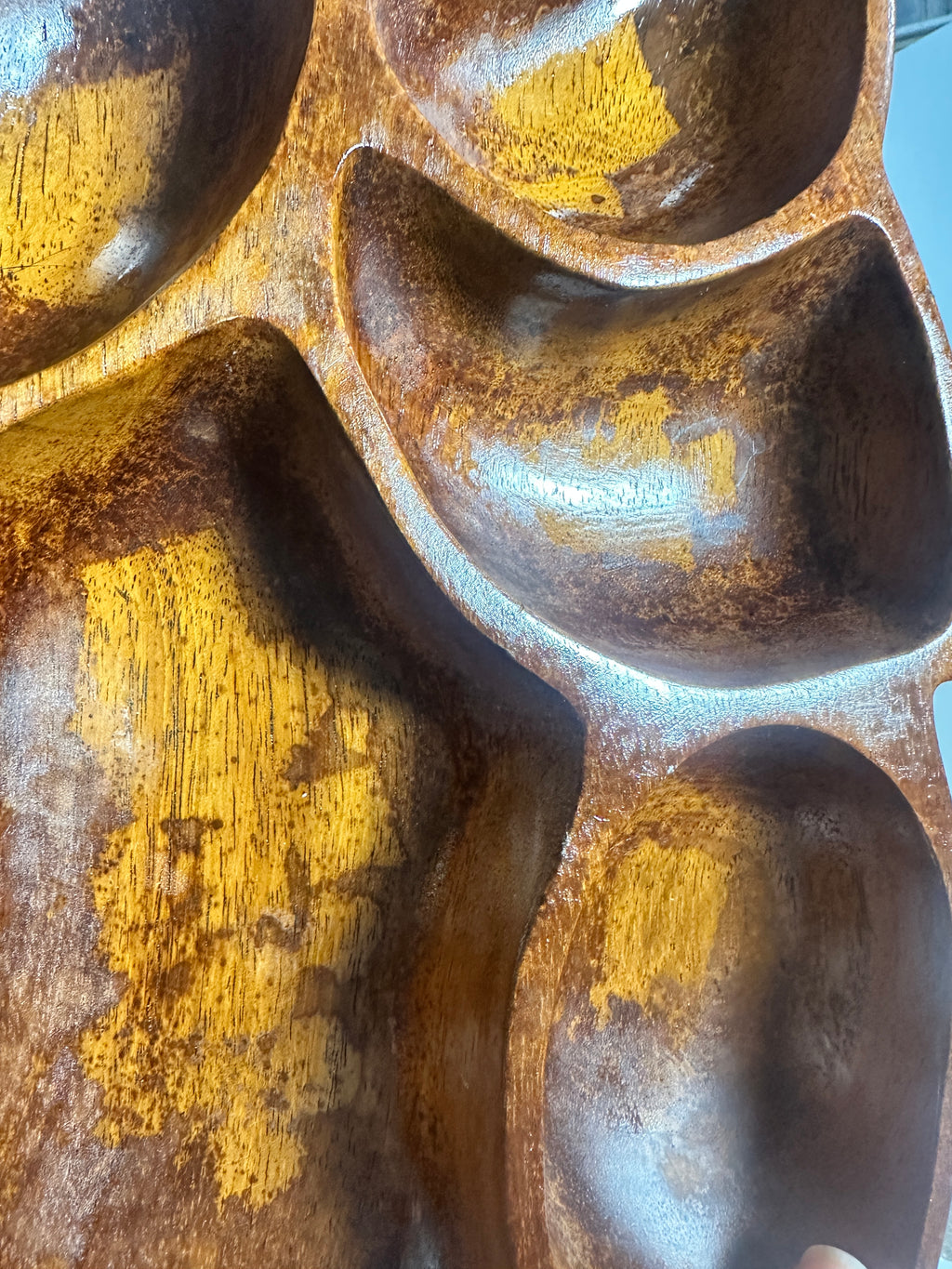 Vintage Monkey Pod Style Divided Leaf Serving Tray – 15 Inch – Mid-Century Wooden Appetizer Dish