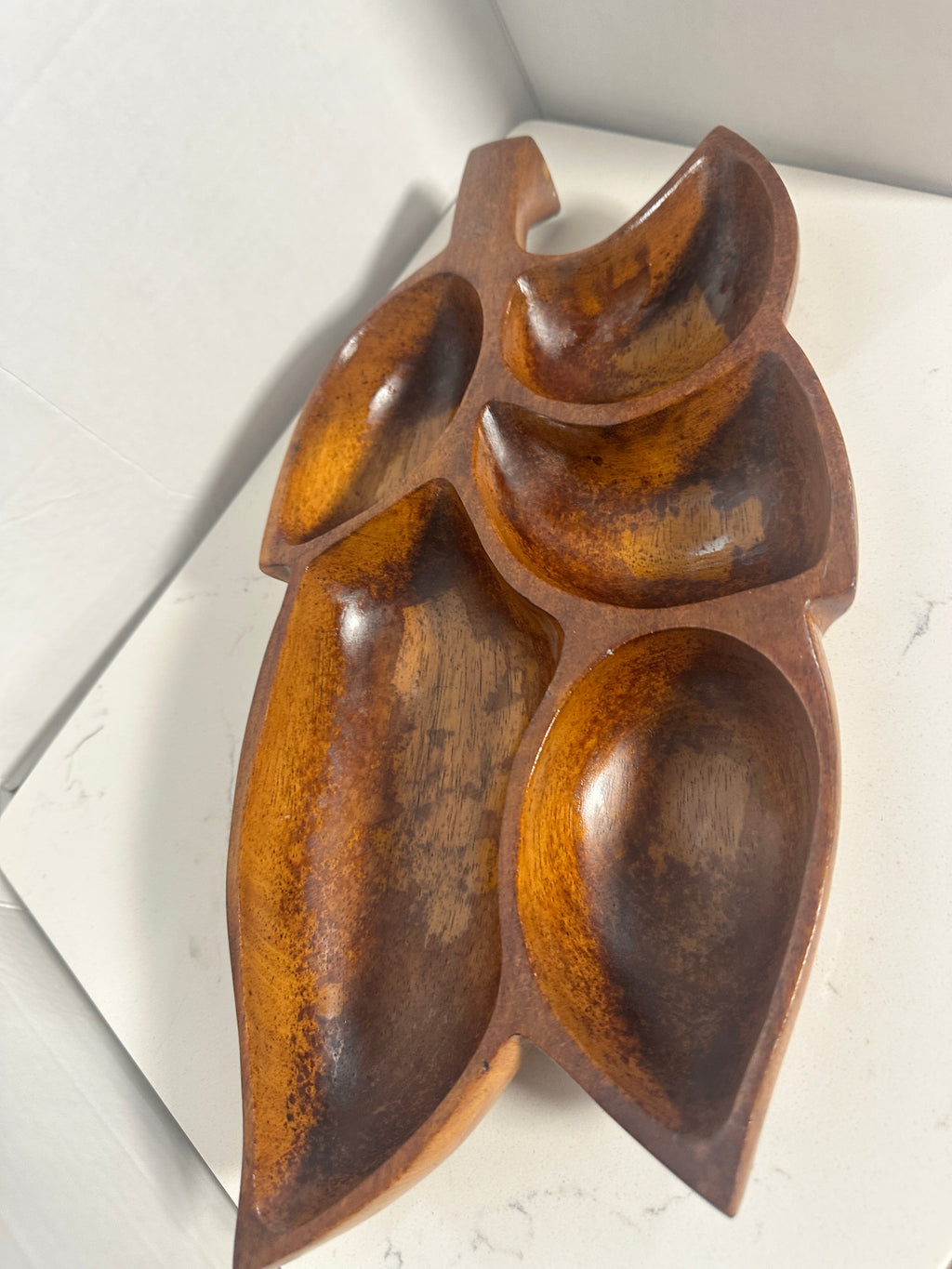 Vintage Monkey Pod Style Divided Leaf Serving Tray – 15 Inch – Mid-Century Wooden Appetizer Dish